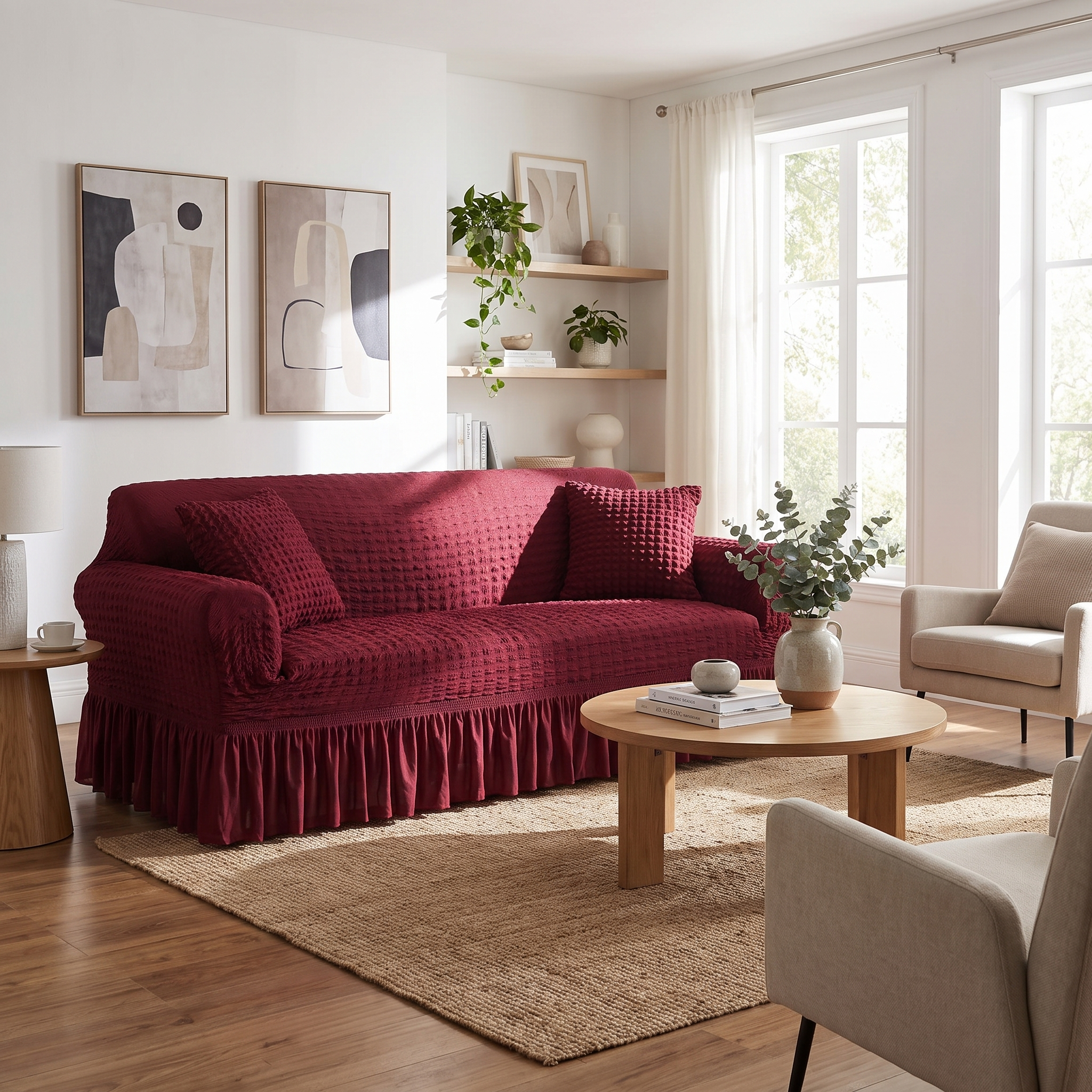 Stretch Sofa Slipcover – Wine Red Ruffled Skirt – product view 5 | Brivenzo