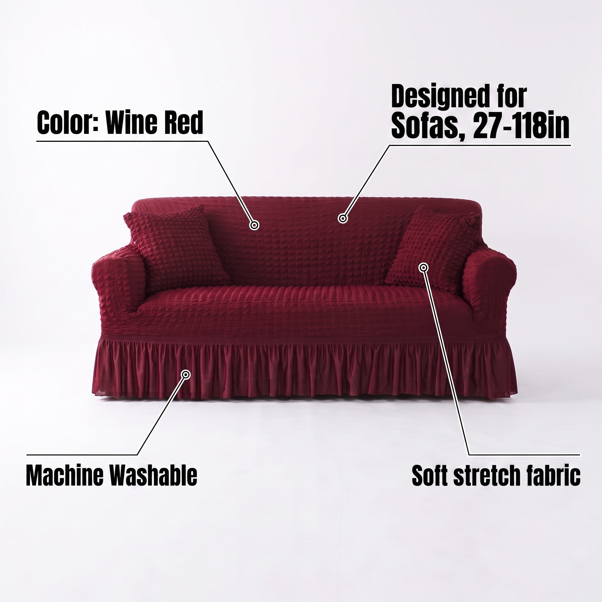 Stretch Sofa Slipcover – Wine Red Ruffled Skirt – features and specifications overview | Brivenzo