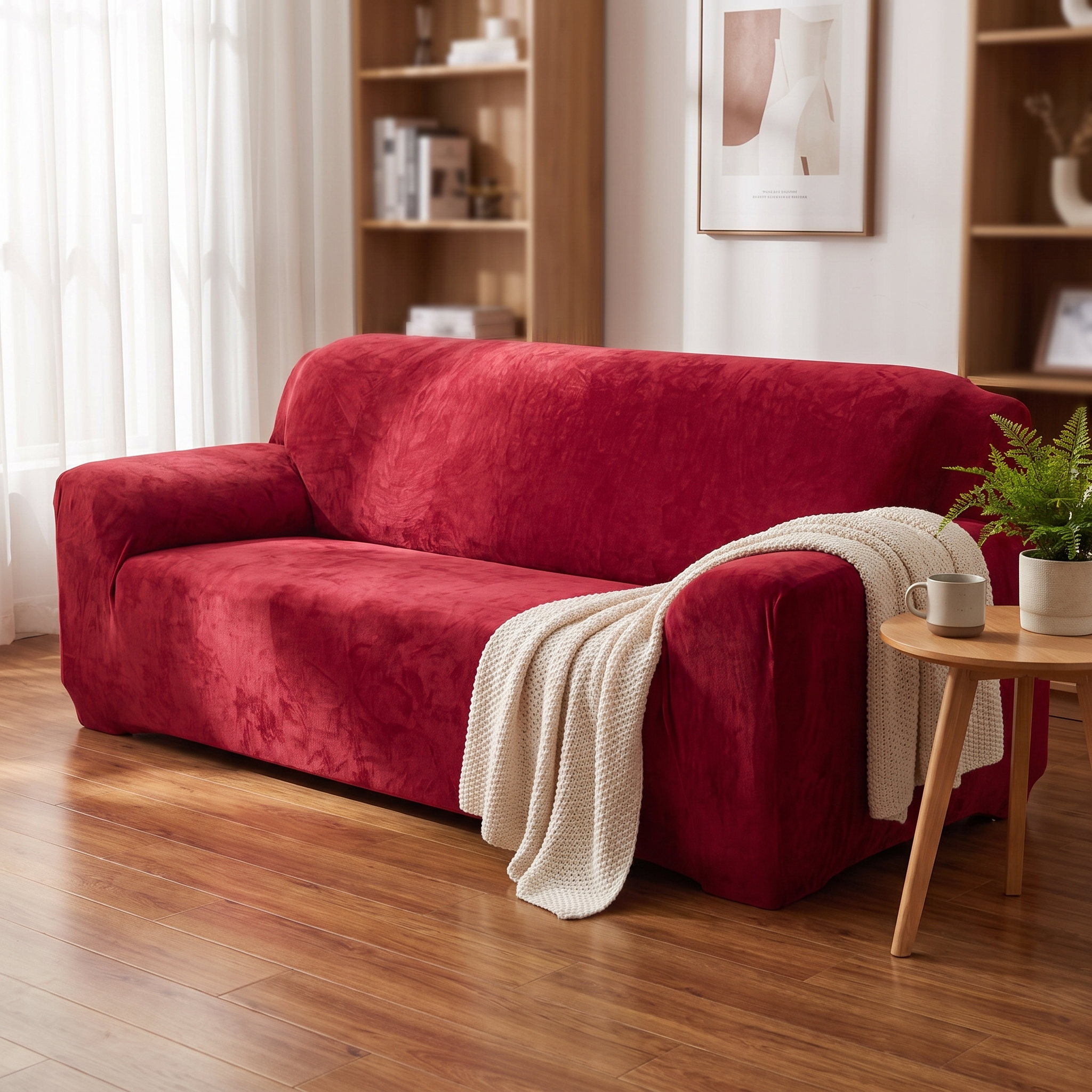 Stretch Sofa Slipcover – Wine Red Velvet shown in a styled home interior | Brivenzo