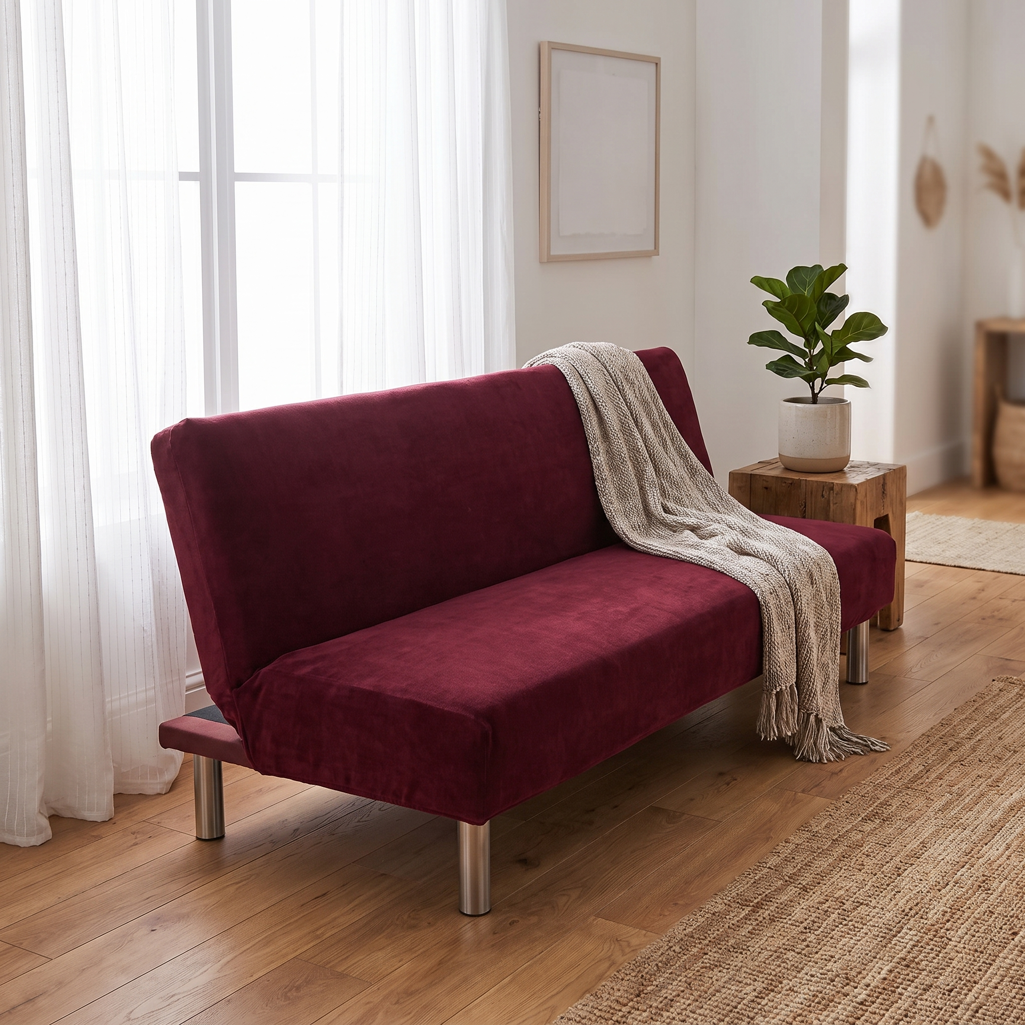 Stretch Sofa Slipcover – Wine Red Velvet Sofa Bed shown in a styled home interior | Brivenzo