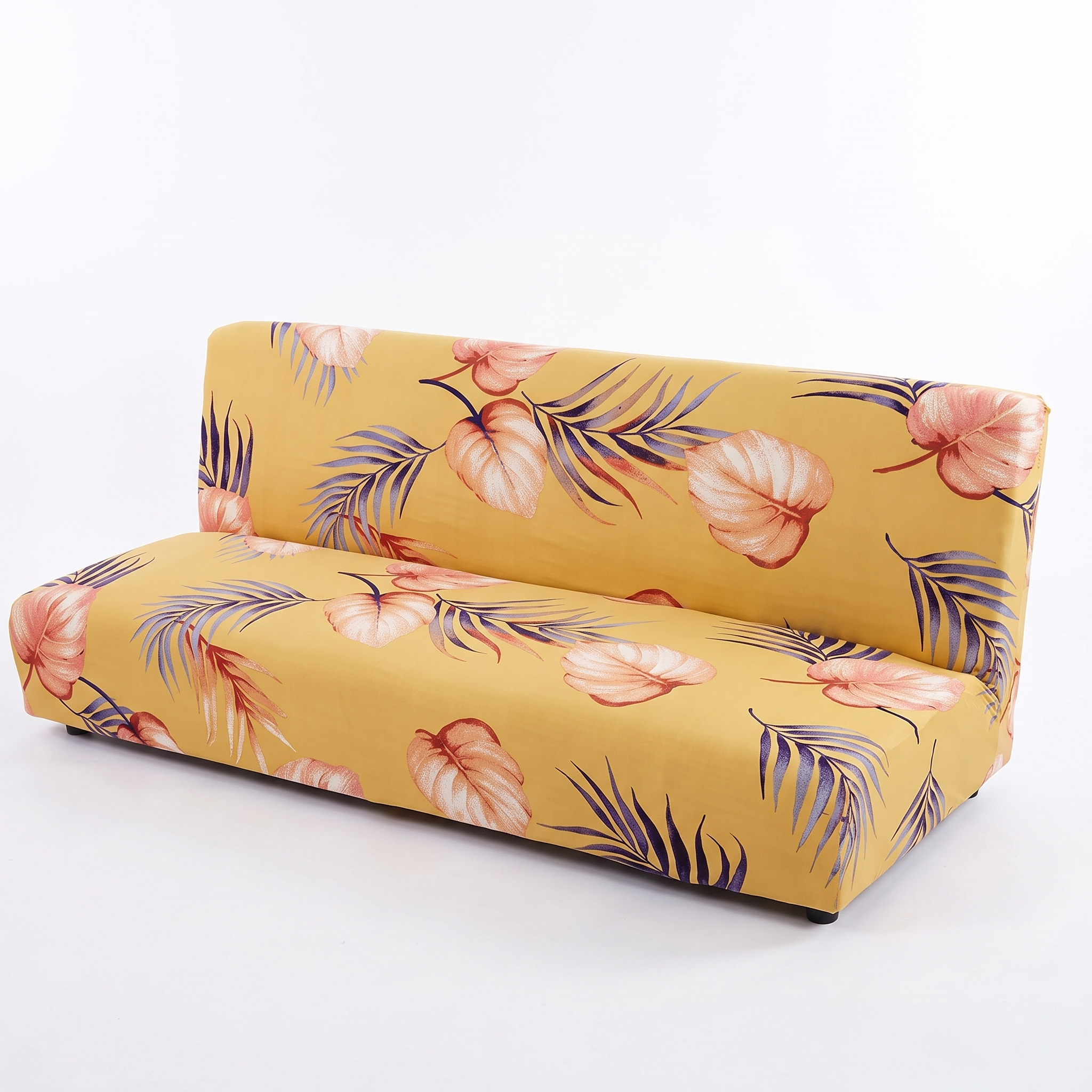 Stretch Sofa Slipcover – Yellow Coral Tropical Leaf Print Sofa Bed – product photo on a white background | Brivenzo