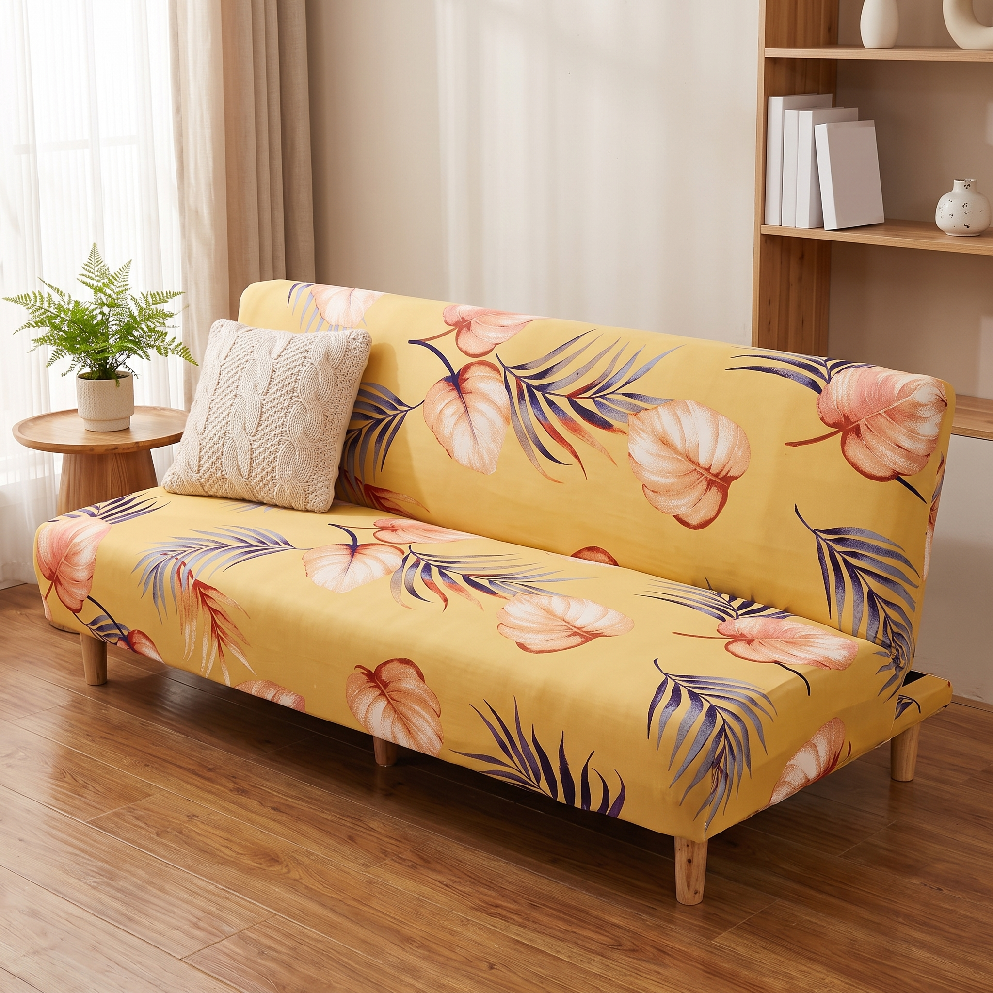 Stretch Sofa Slipcover – Yellow Coral Tropical Leaf Print Sofa Bed shown in a styled home interior | Brivenzo