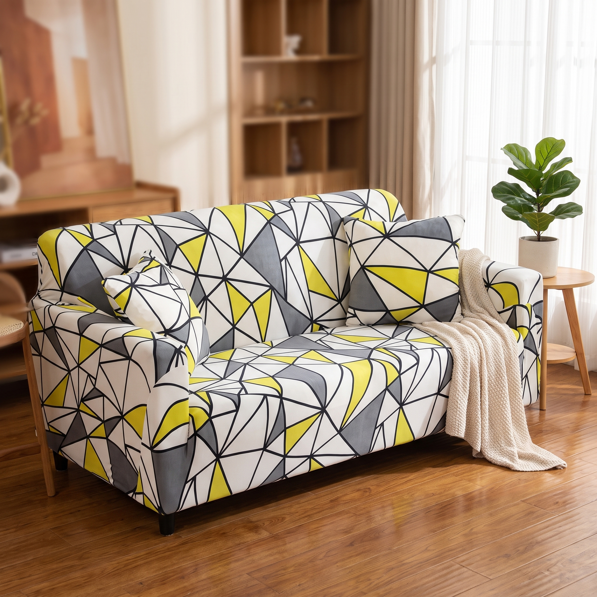Stretch Sofa Slipcover | Yellow Grey Geometric Triangle Print - Living Room