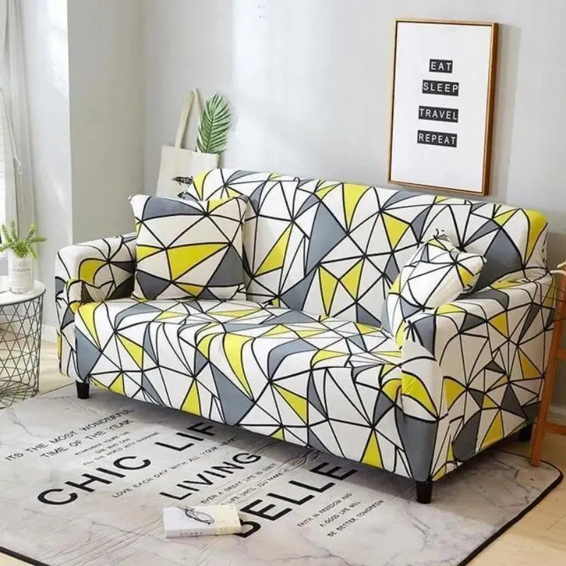 Stretch Sofa Slipcover – Yellow Grey Geometric Triangle Print – product view 4 | Brivenzo