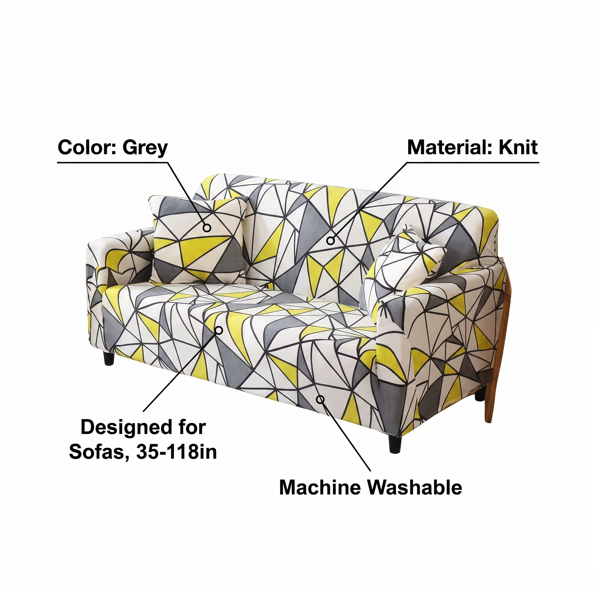 Stretch Sofa Slipcover – Yellow Grey Geometric Triangle Print – features and specifications overview | Brivenzo