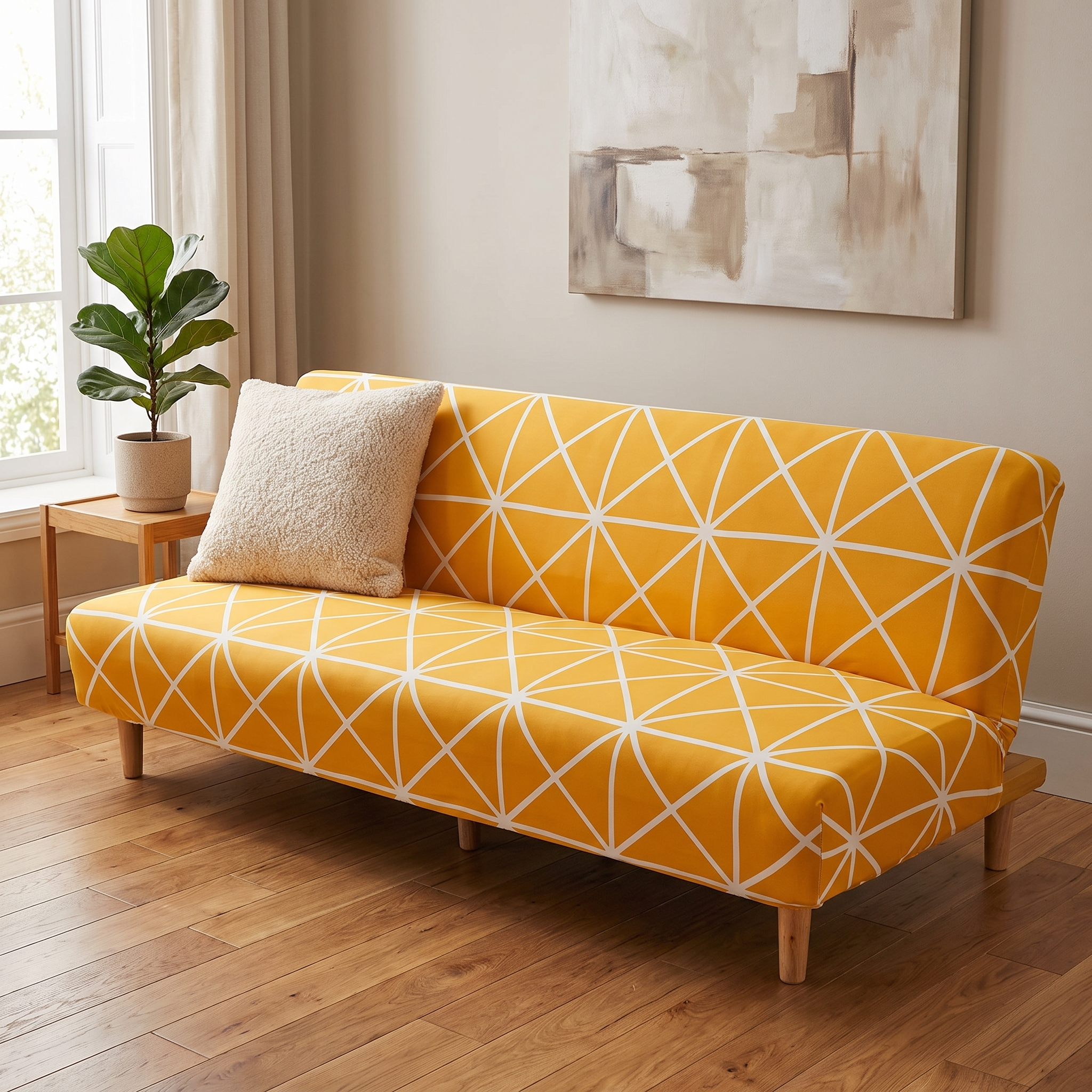 Stretch Sofa Slipcover – Yellow White Crosshatch Print Sofa Bed shown in a styled home interior | Brivenzo