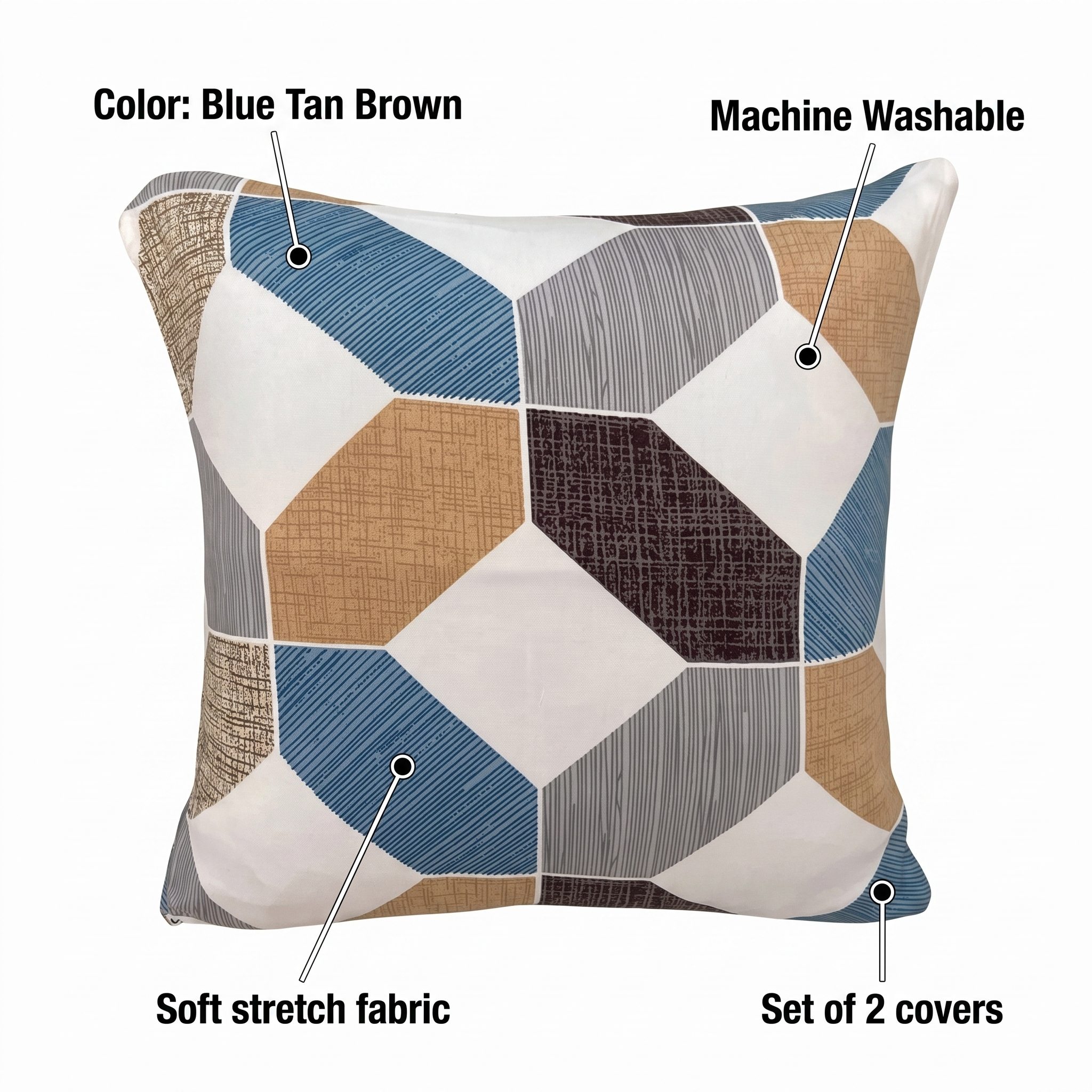 Throw Pillow Cover – Blue Tan Brown Geometric Print – features and specifications overview | Brivenzo