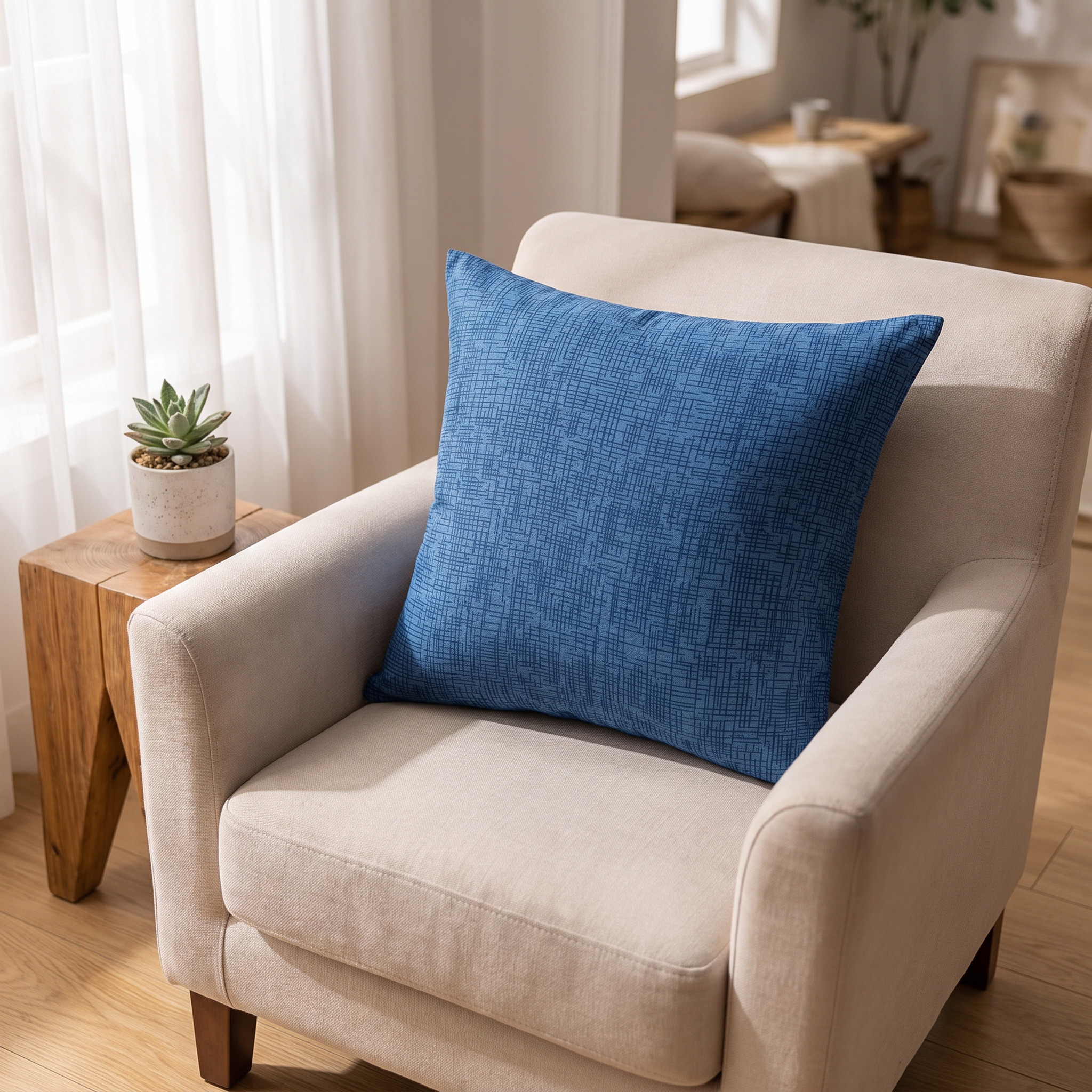 Throw Pillow Cover – Denim Blue Crosshatch Print shown in a styled home interior | Brivenzo