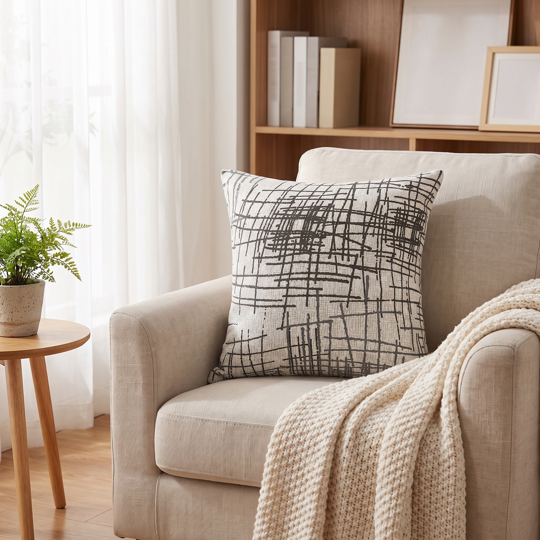 Throw Pillow Cover – Grey White Crosshatch Scratch Print shown in a styled home interior | Brivenzo