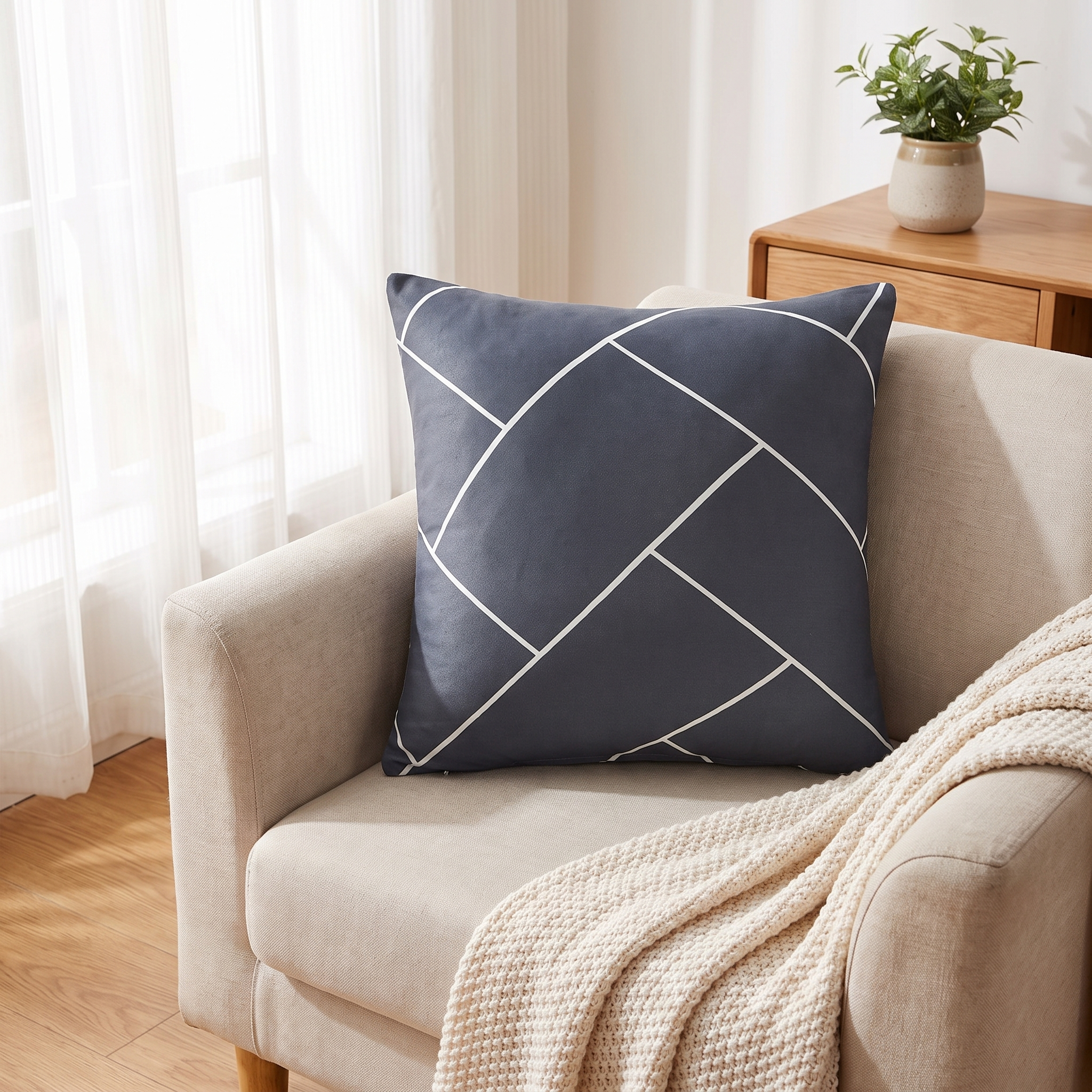 Throw Pillow Cover – Navy White Geometric Curve Print shown in a styled home interior | Brivenzo