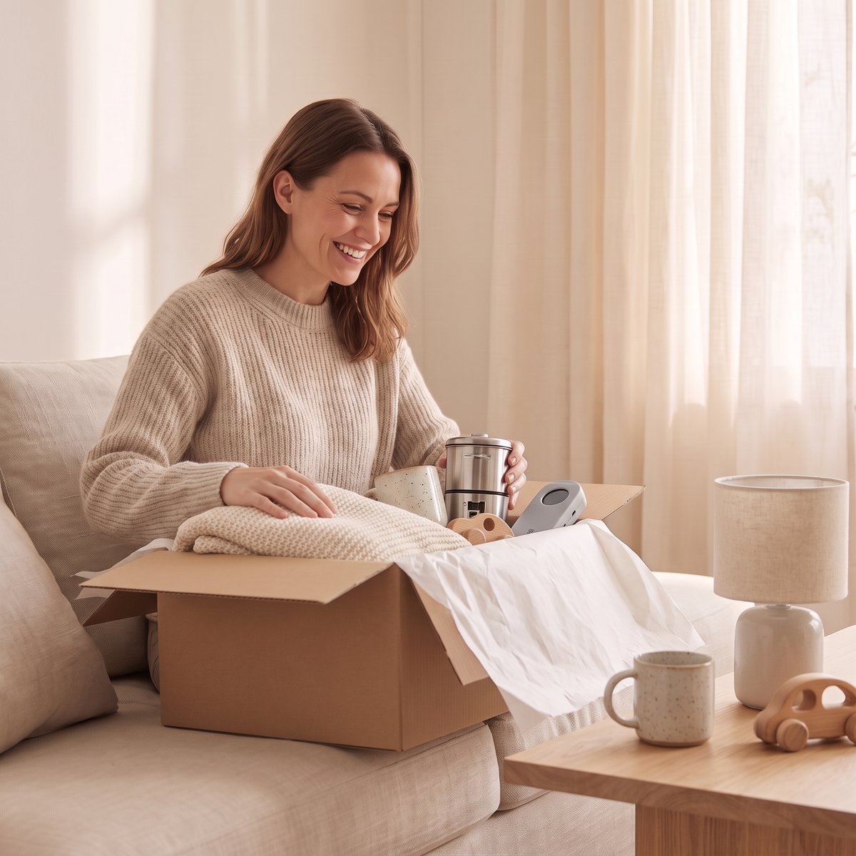 Woman unpacking a delivery box with a throw blanket, tumbler, gadget and wooden toy car