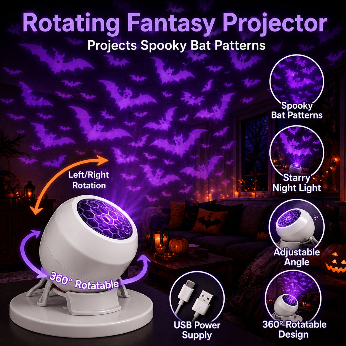 USB Halloween Bat Projector Lamp with Matching Base and 360 Degree Swivel, view 6