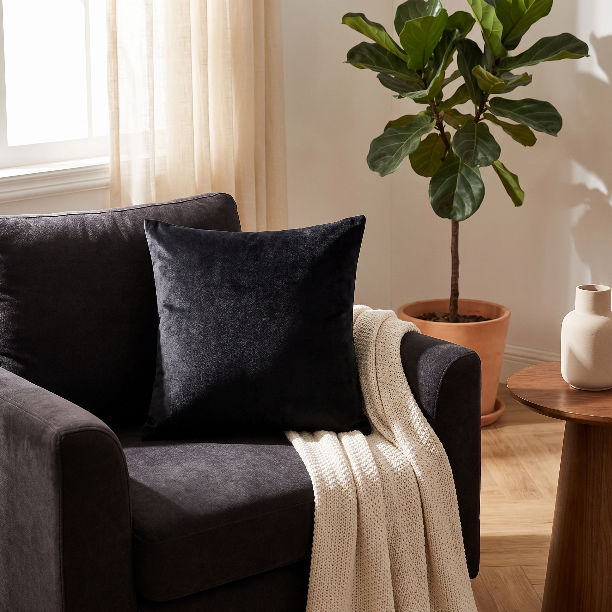 Velvet Throw Pillow Cover – Black Velvet shown in a styled home interior | Brivenzo