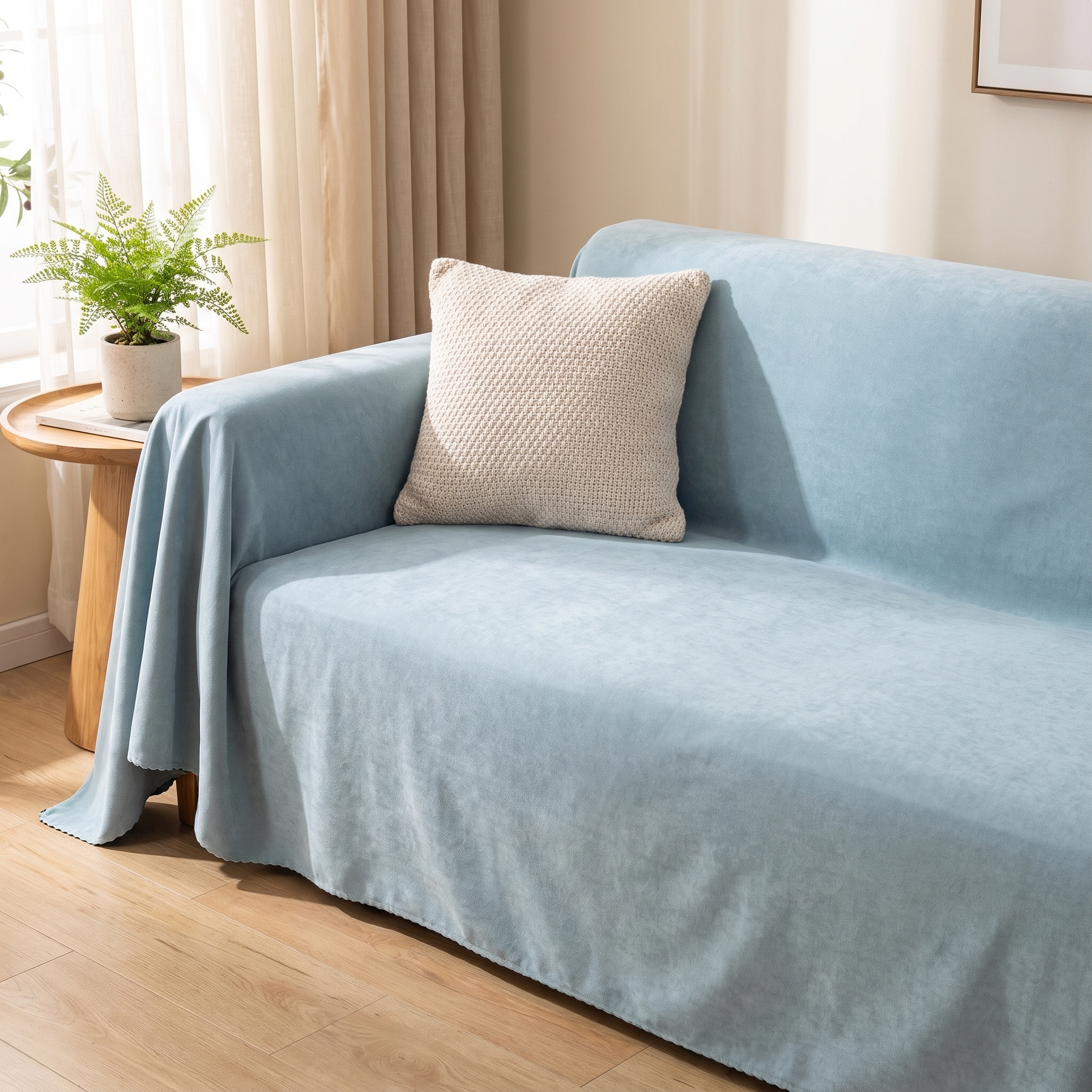 Waterproof Sofa Cover – Light Blue shown in a styled home interior | Brivenzo