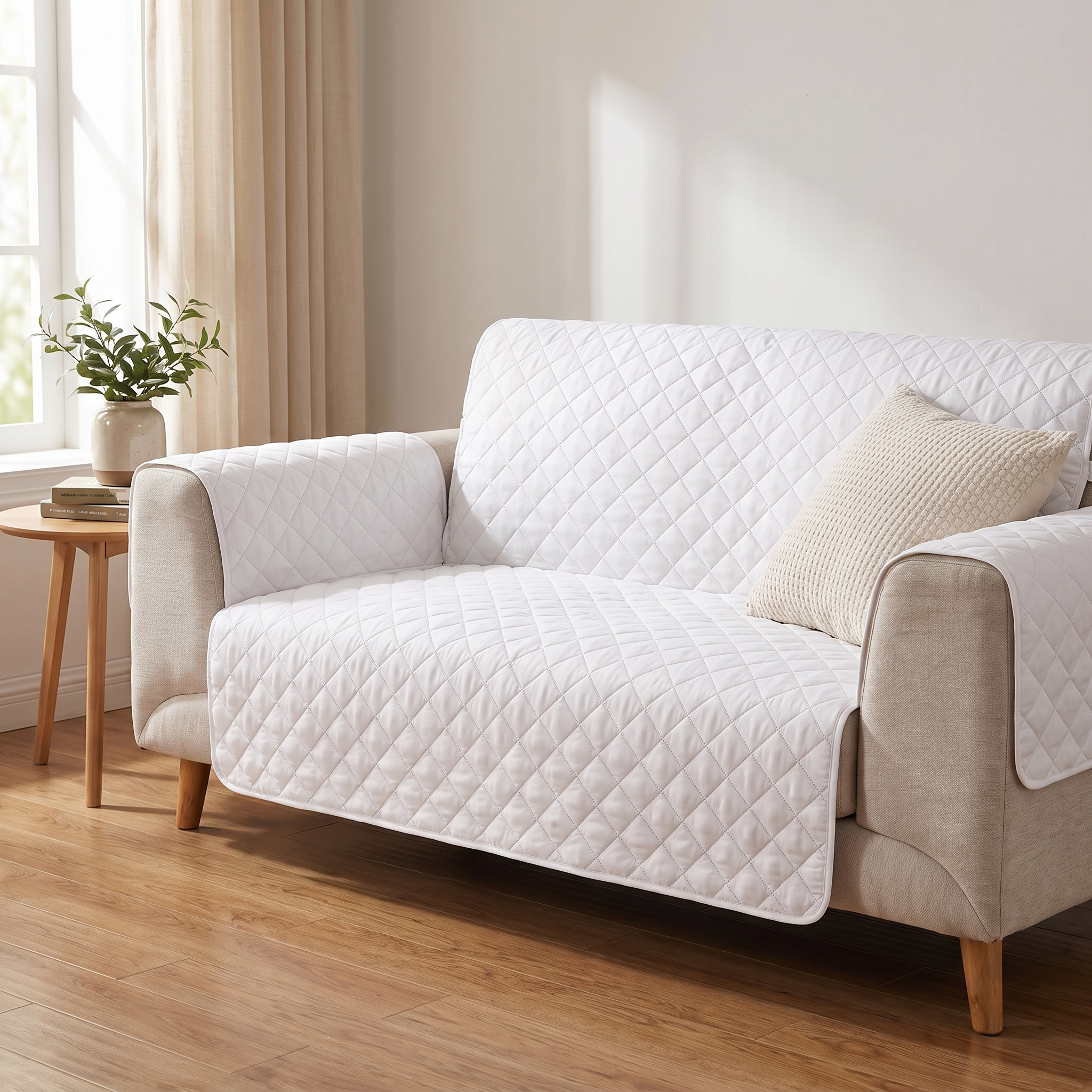 White quilted waterproof sofa protector in a bright living room