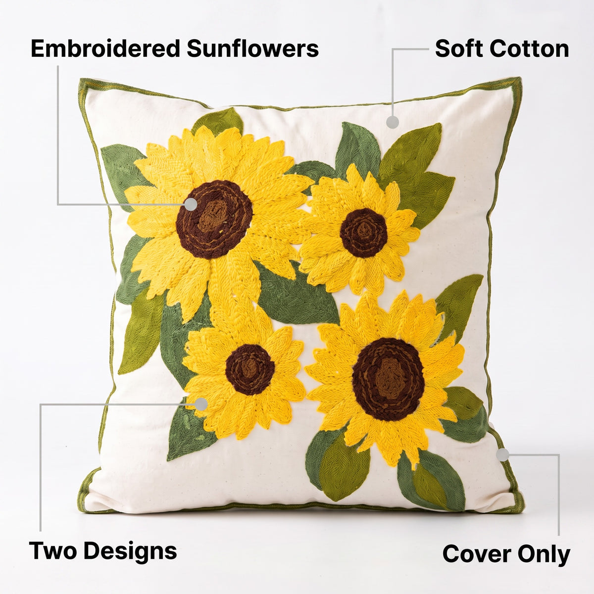 Sunflower Embroidered Cushion Cover | Cotton, 18in