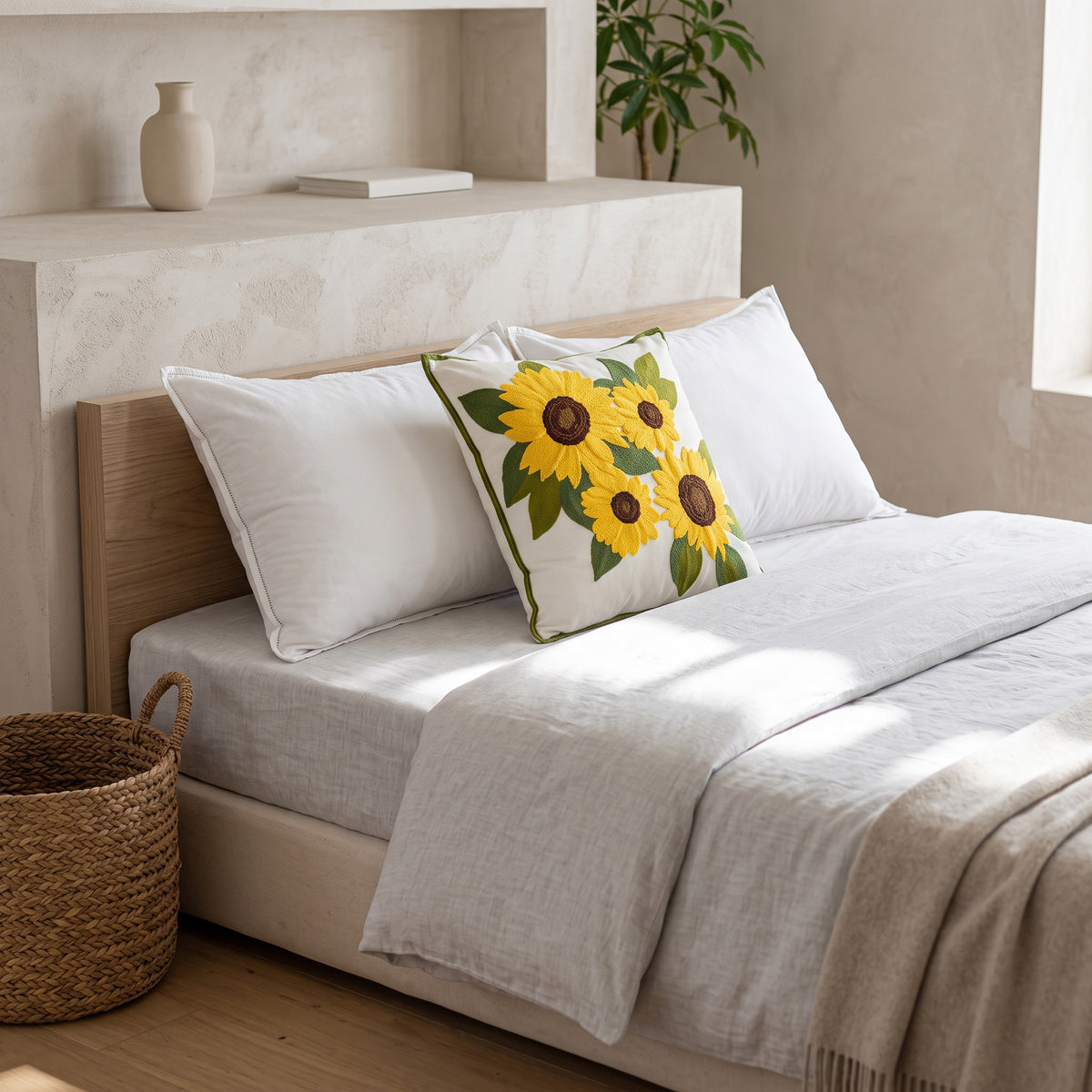 Sunflower Embroidered Cushion Cover | Cotton, 18in