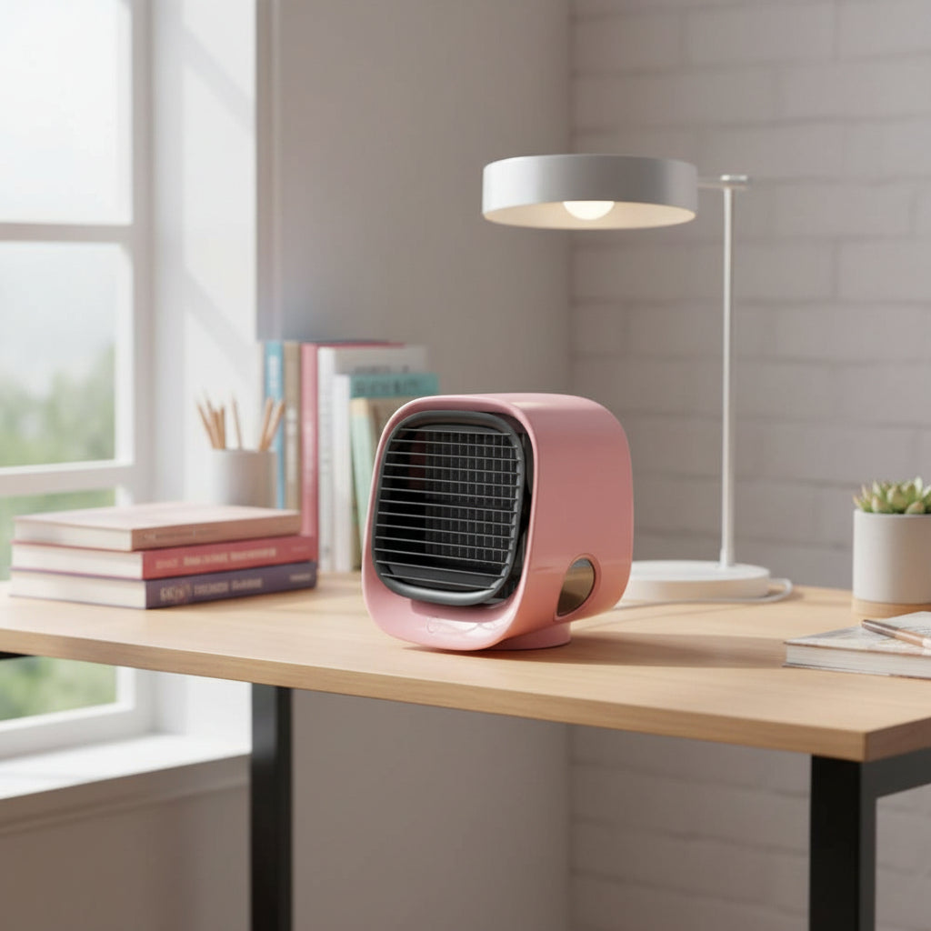 Compact 2 in 1 air cooler and humidifier with LED light on a desk