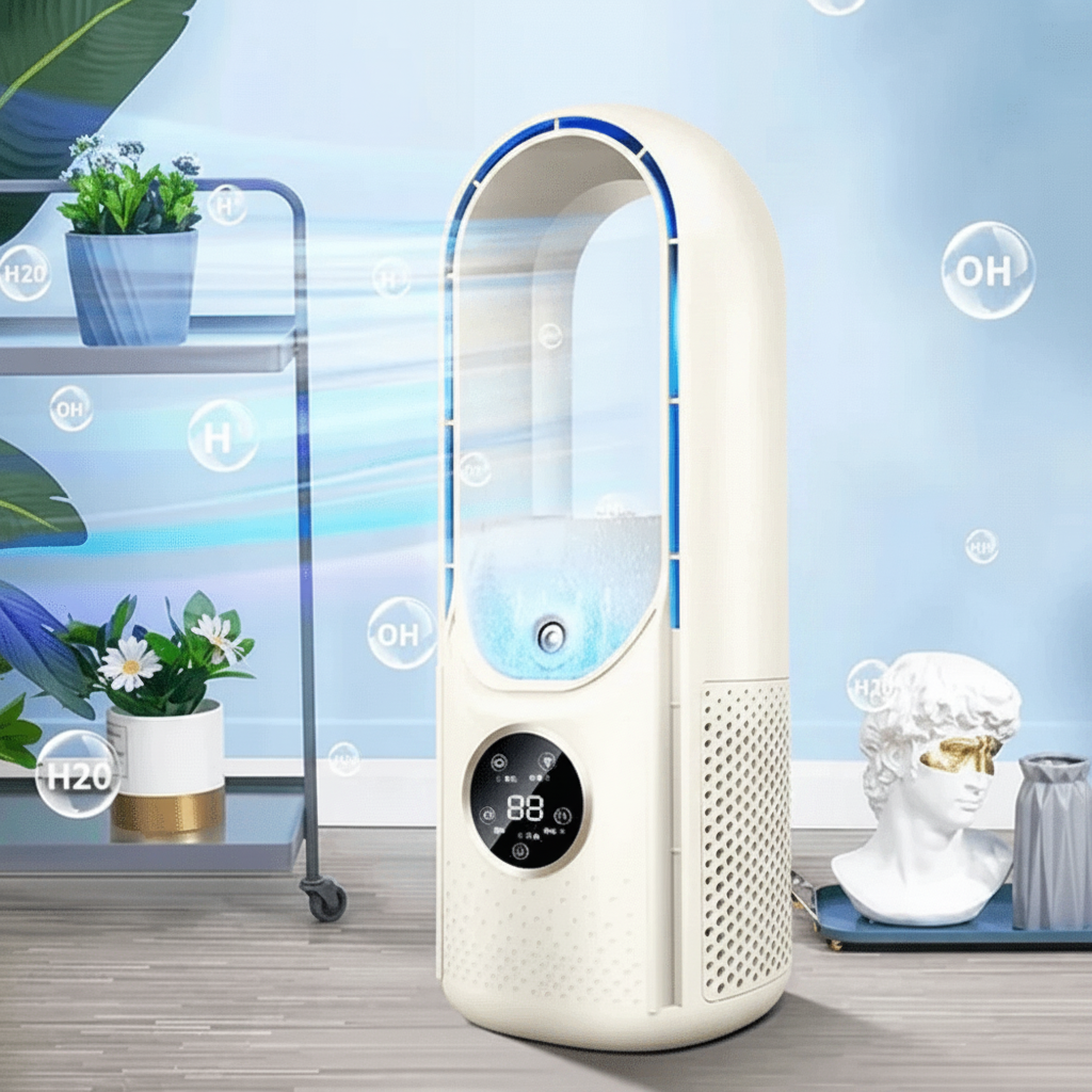 Compact bladeless air cooler on a nightstand