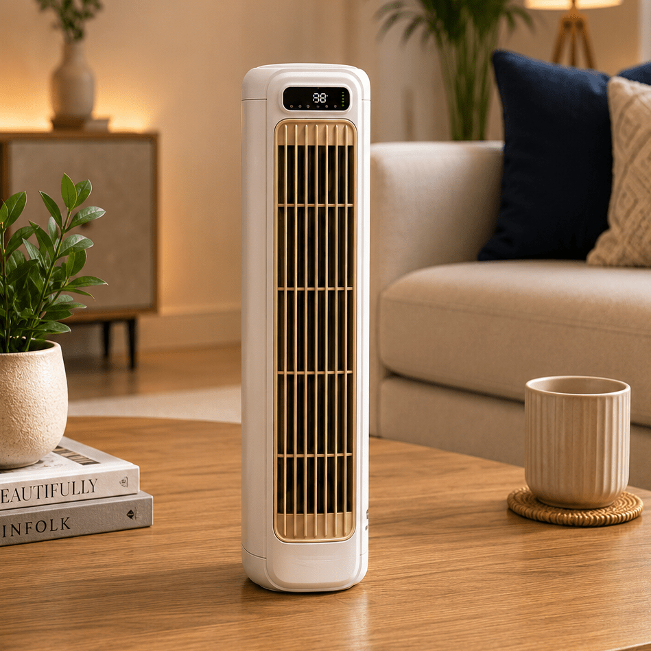 Rotating desk fan shown in gray and white