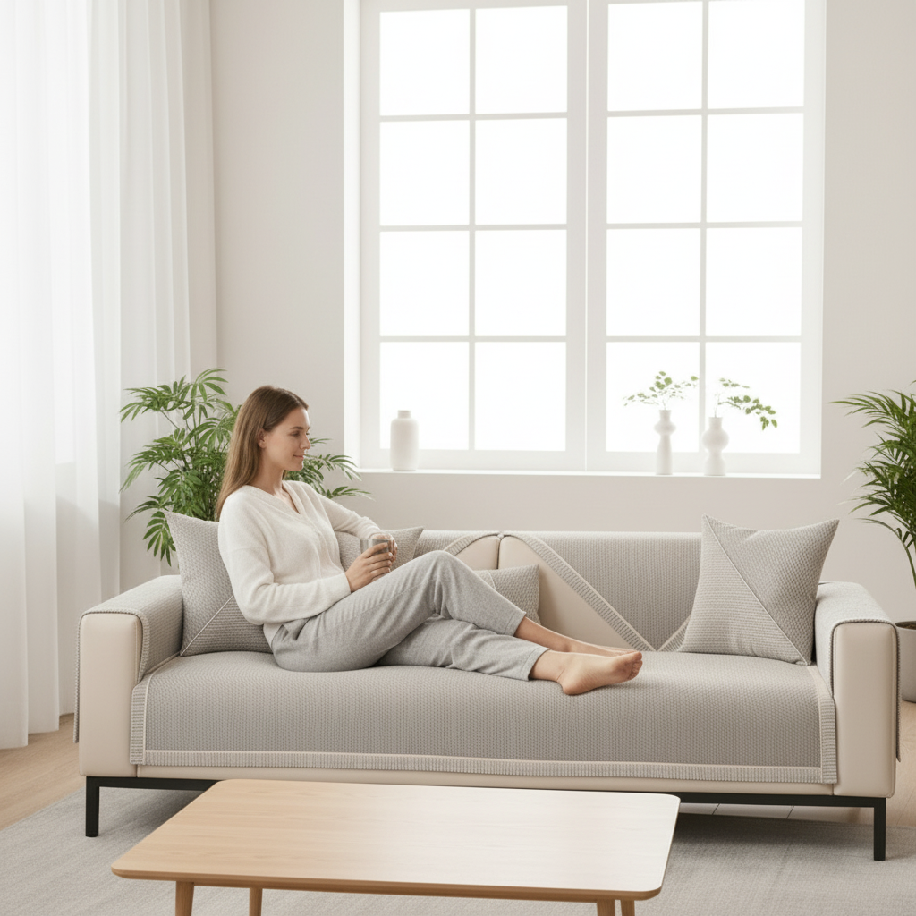 Cotton Linen Blend Non Slip Couch Cover in Many Sizes and Natural Tones, view 2