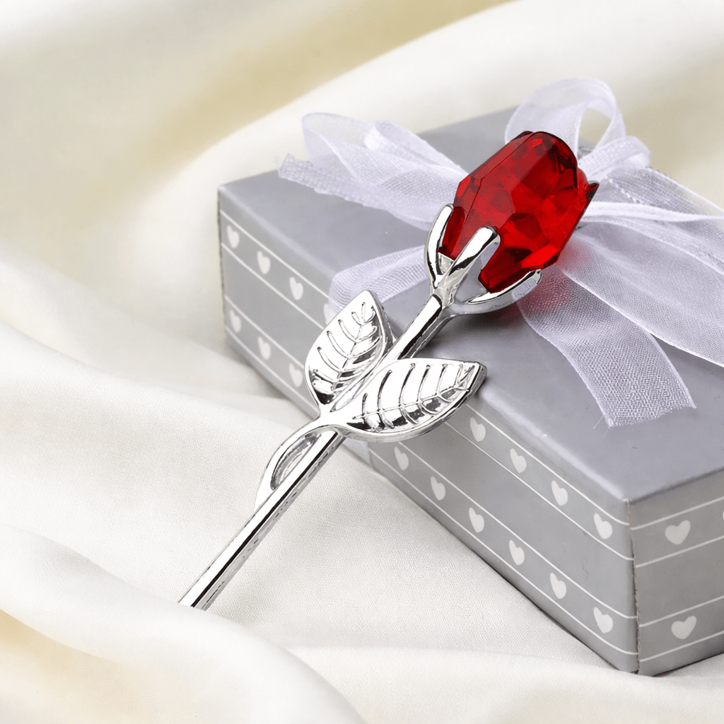 Crystal rose with silver stem presented in its gift box