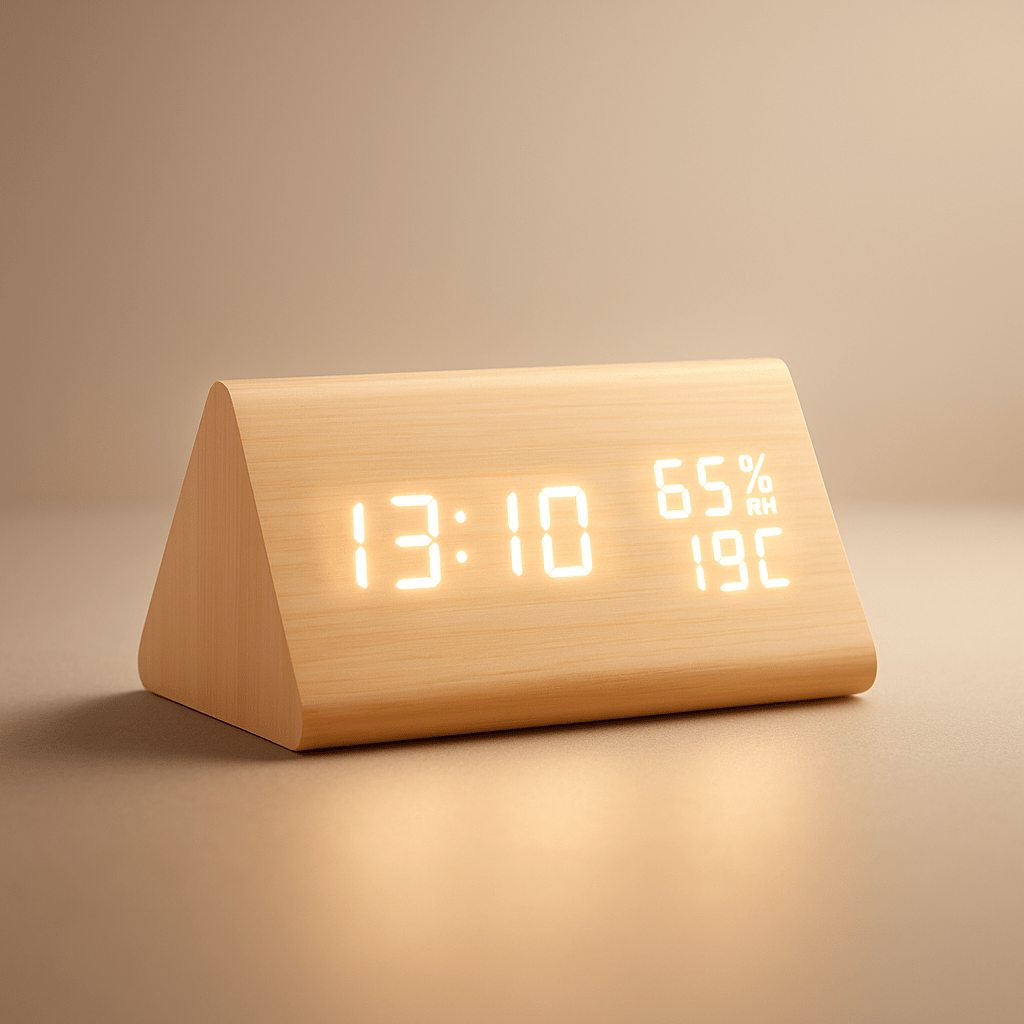 Digital Wood Look Clock with Temperature and LED Display, Battery or USB Powered, view 6