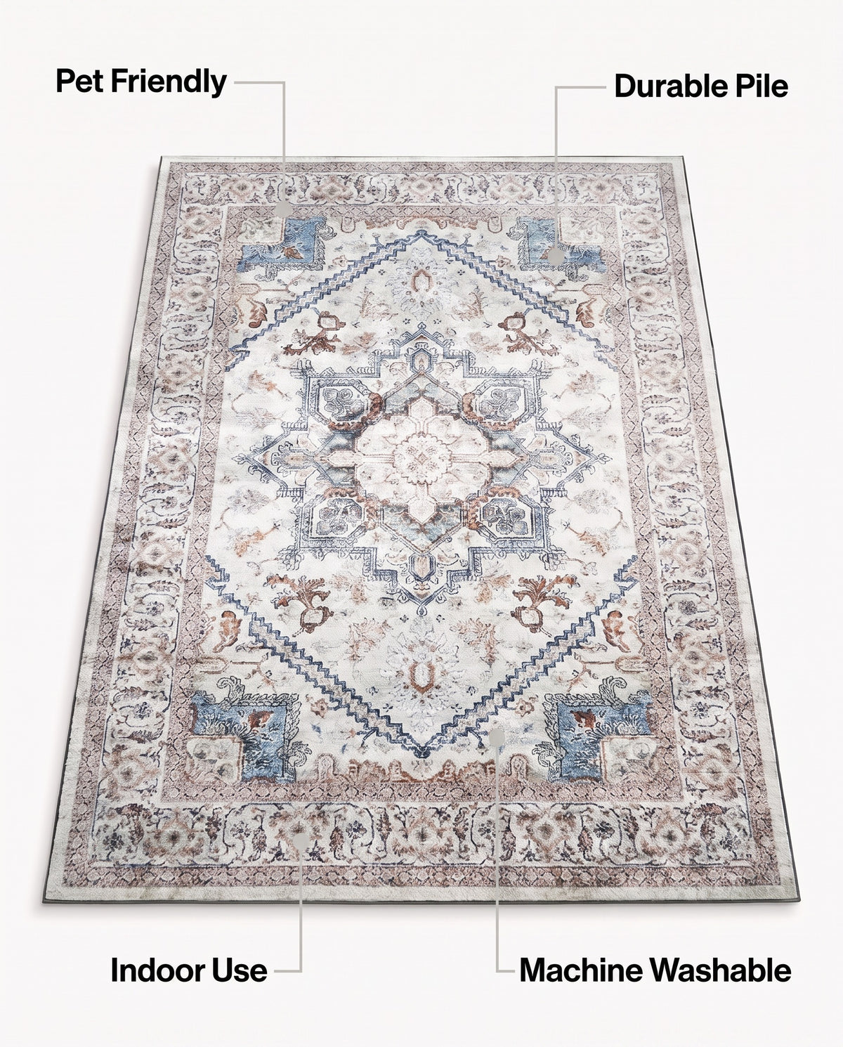 Easy Clean Rug Classic Boho Style Living Room Area Rug | Pet Friendly, 2-6ft