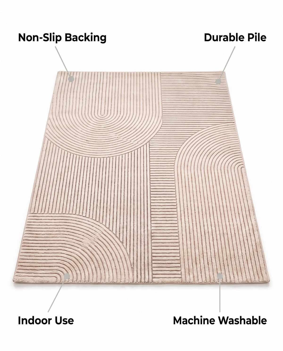 Easy Clean Rug Curved Geometry Non-Slip Quick-Drying Bath Mat | Durable Pile, 1-9ft