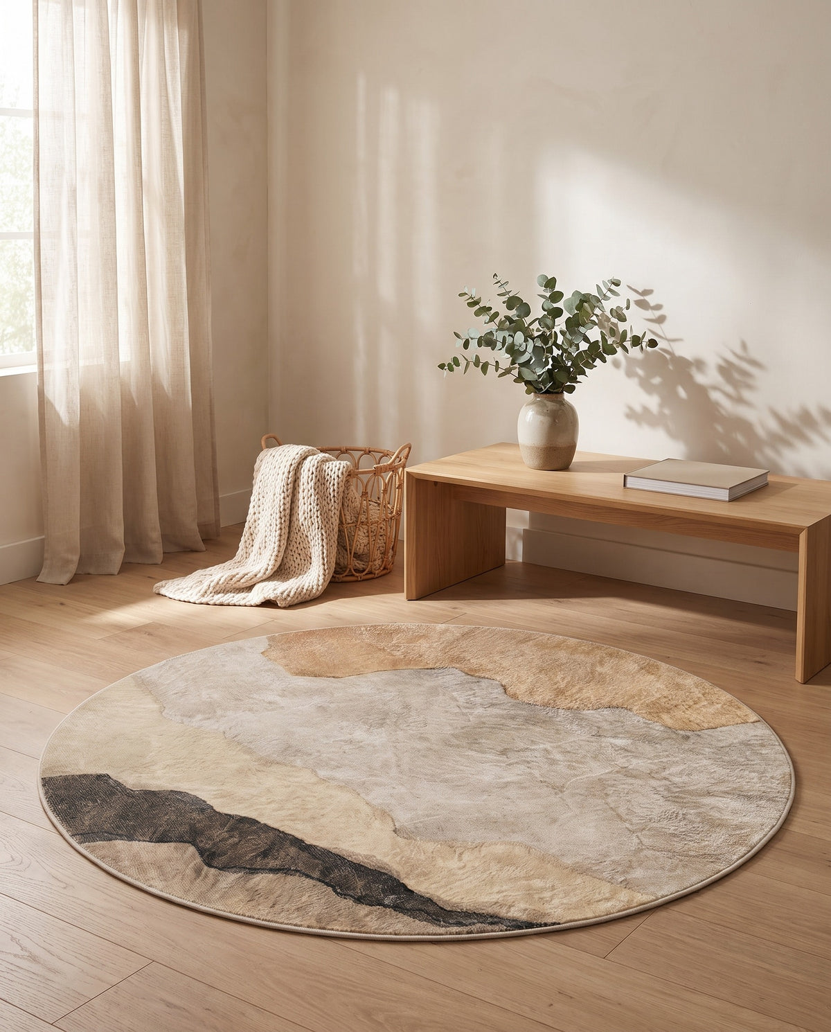 Easy Clean Rug Earthy Tones Abstract Round Spillproof Pet Friend | Durable Pile, 4-8ft