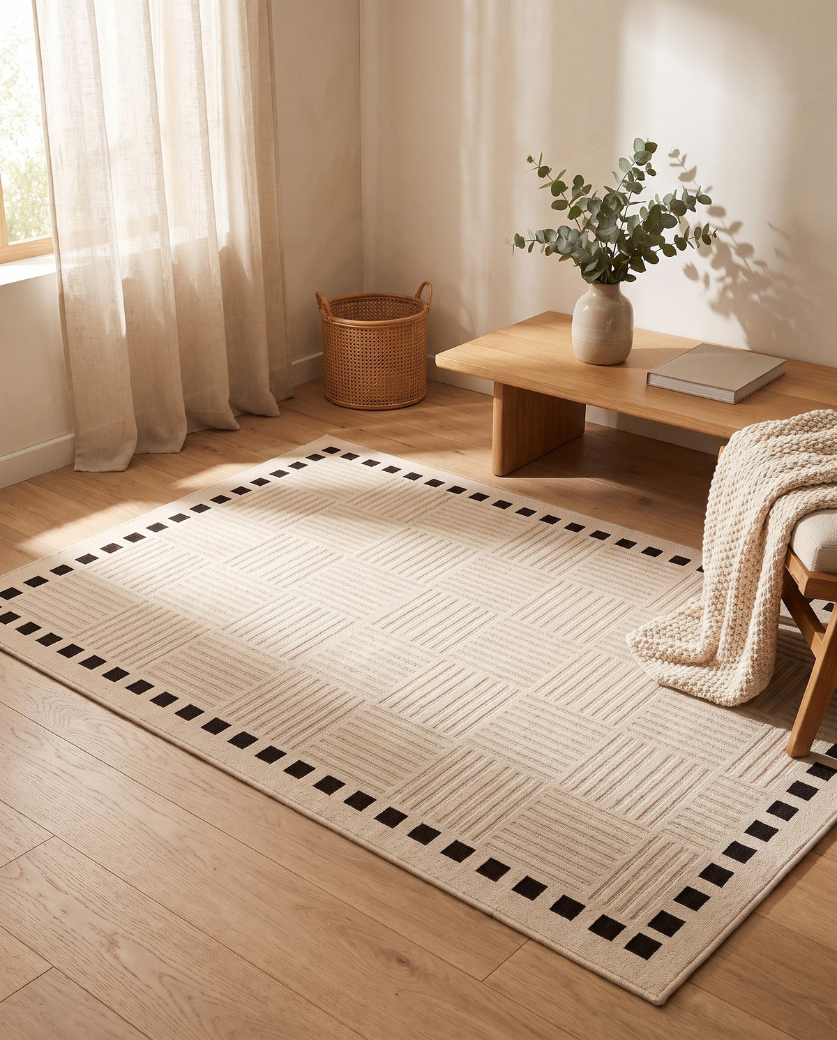 Easy Clean Rug Elegant Checkered Border Spillproof Modern Living | Durable Pile, 6-9ft