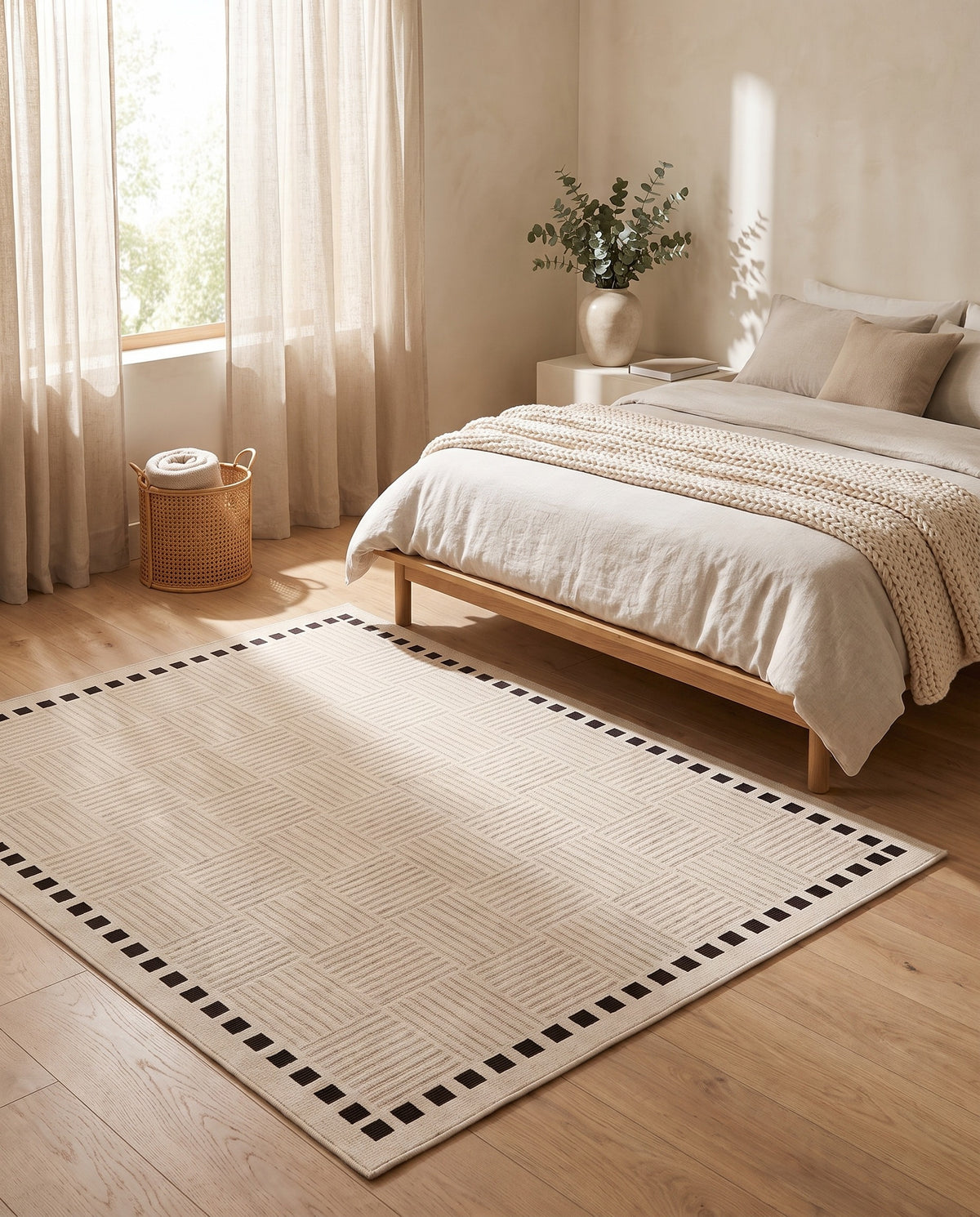 Easy Clean Rug Elegant Checkered Border Spillproof Modern Living | Durable Pile, 6-9ft