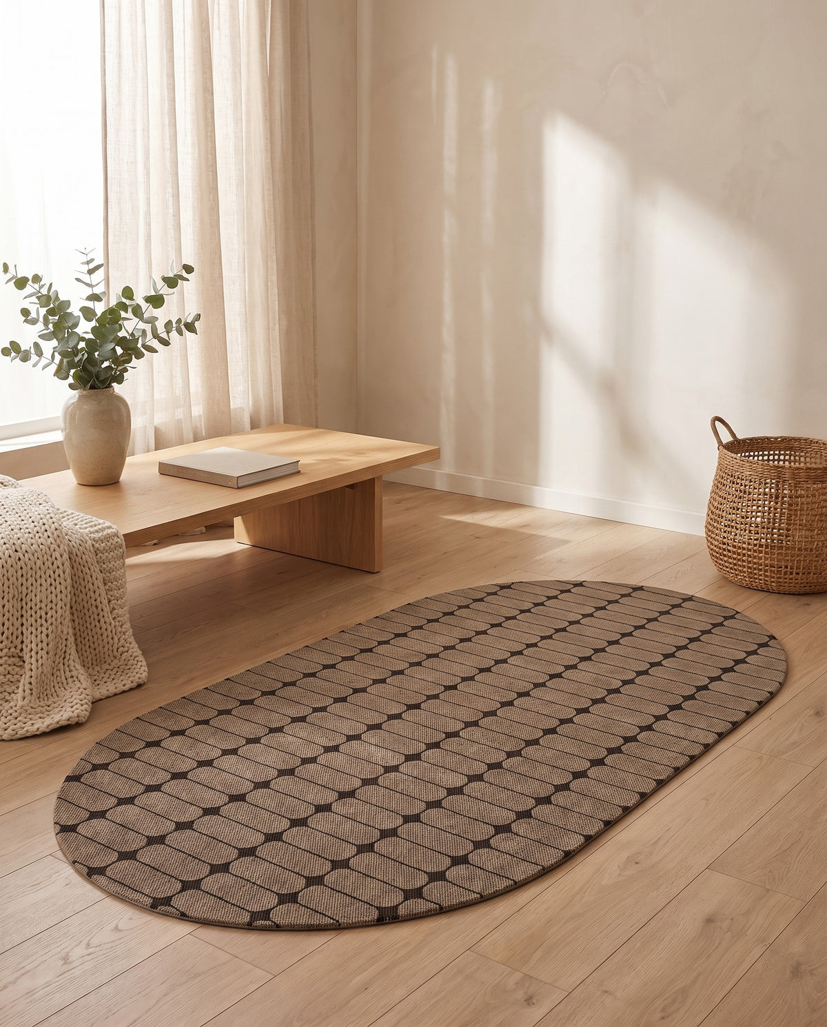 Easy Clean Rug Modern Oval Grid Spillproof Pet-Friendly Geometri | Durable Pile, 3-9ft