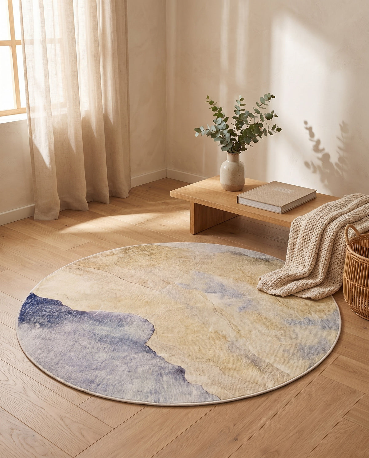 Easy Clean Rug Serene Abstract Round Spillproof Pet Friendly Mod | Durable Pile, 8ft