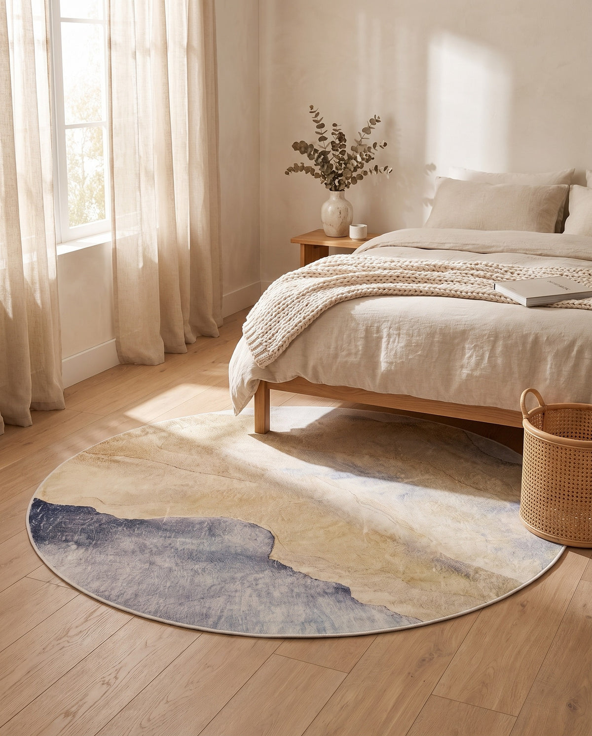 Easy Clean Rug Serene Abstract Round Spillproof Pet Friendly Mod | Durable Pile, 8ft