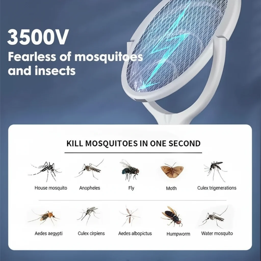 Electric Bug Zapper Racket with LED Light, Safety Mesh and Rotating Head, view 8