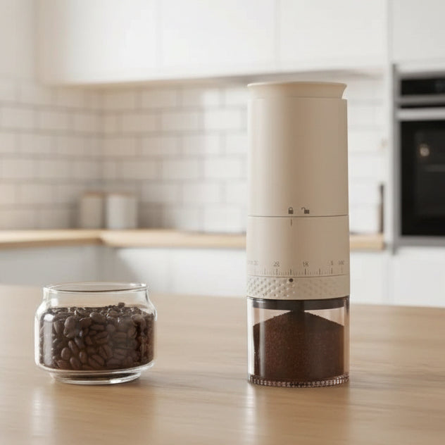 Electric coffee grinder next to a cup of espresso