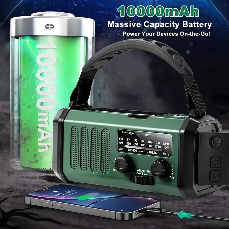 Emergency weather radio with solar panel and hand crank