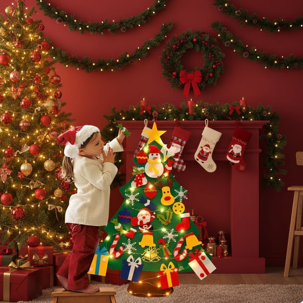 Felt Wall Christmas Tree with 30+ Ornaments and Warm White LEDs for Kids, view 1