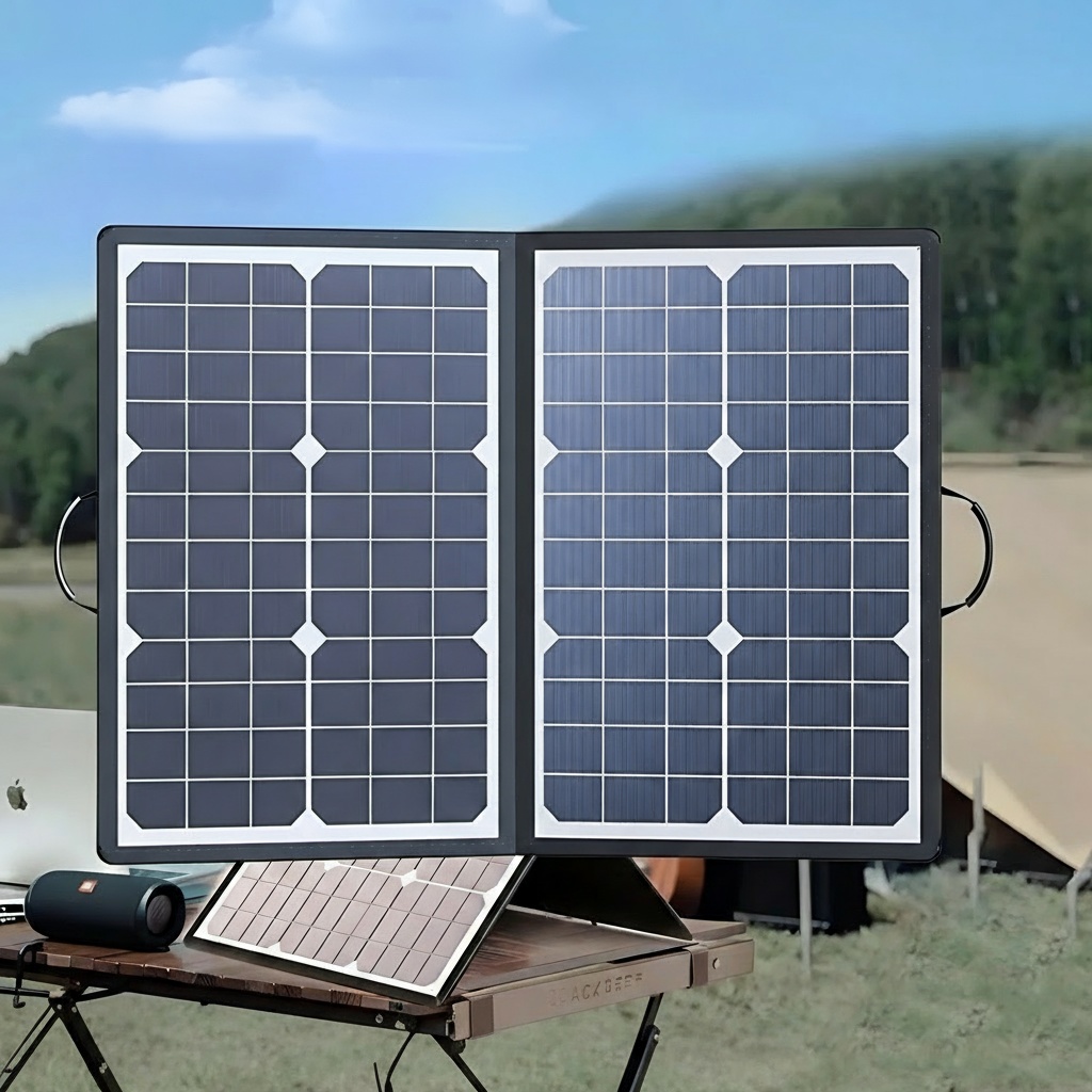 Foldable 40W solar panel set up on its kickstand in the sun at a campsite