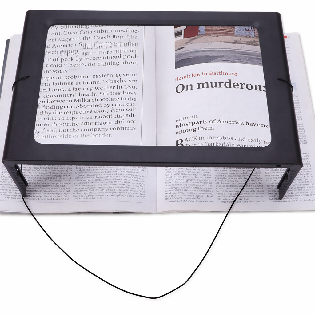 Foldable magnifier with four LEDs lighting up a page