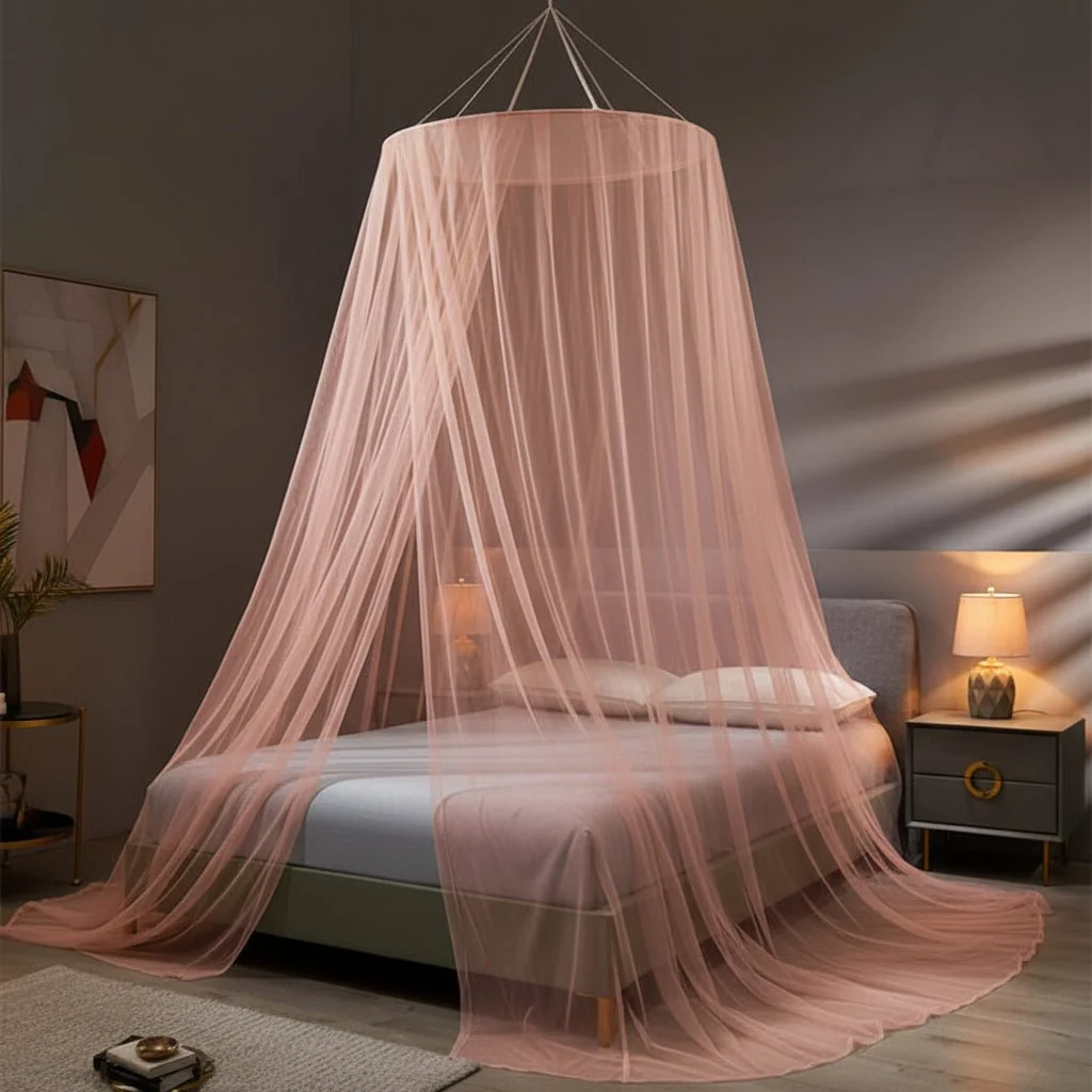 Foldable mosquito net standing over a double bed