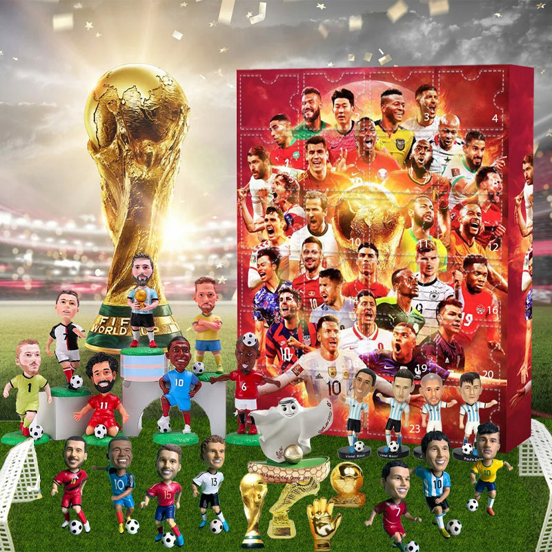 Front view of the soccer advent calendar box featuring 24 numbered doors with soccer field graphics.