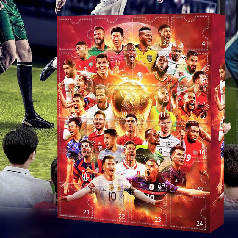 A child happily opening a door on the soccer advent calendar to reveal a mini toy figurine.
