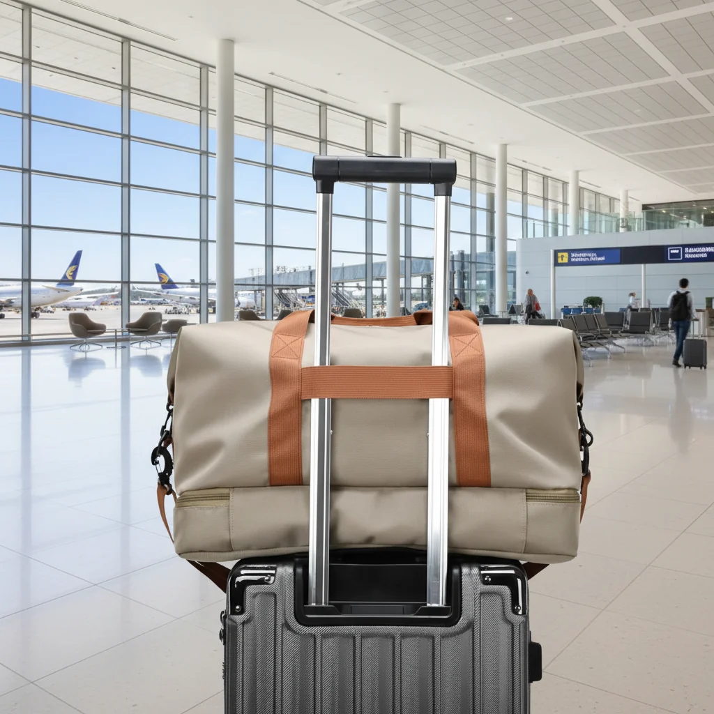 Gym bag with open shoe compartment and wet pocket