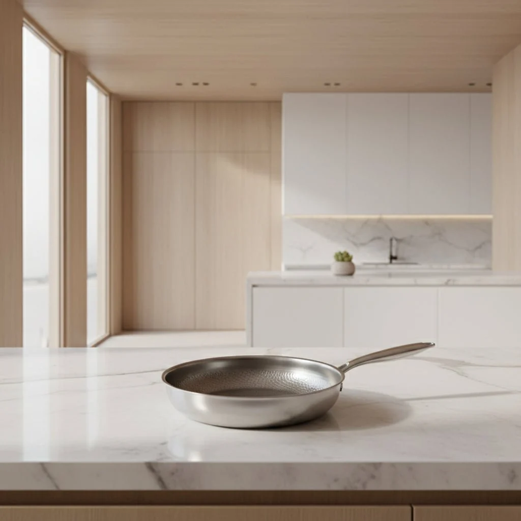Hammered titanium frying pan on an induction cooktop