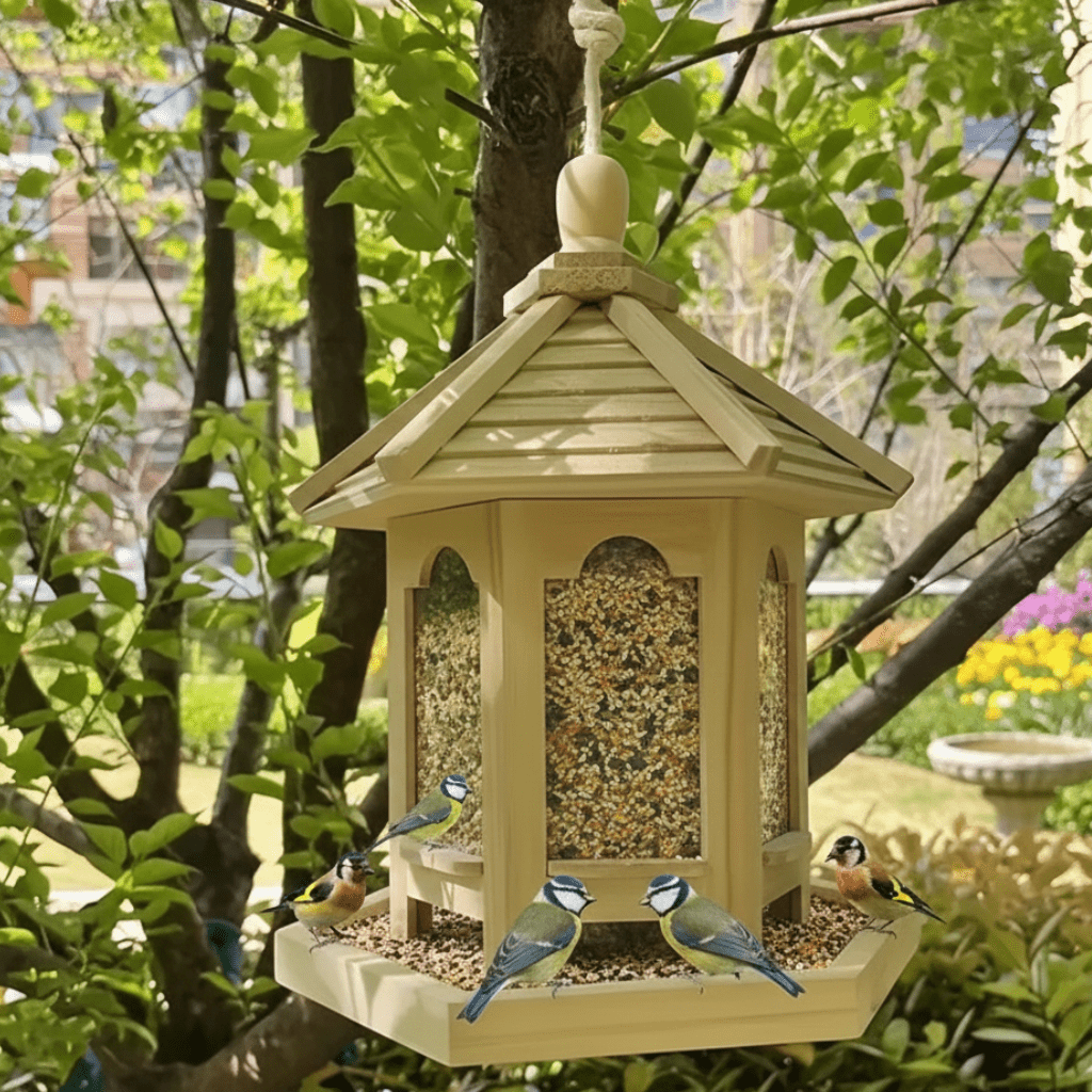 Handmade Wooden Hanging Bird Feeder with Built In Water Dish, view 1