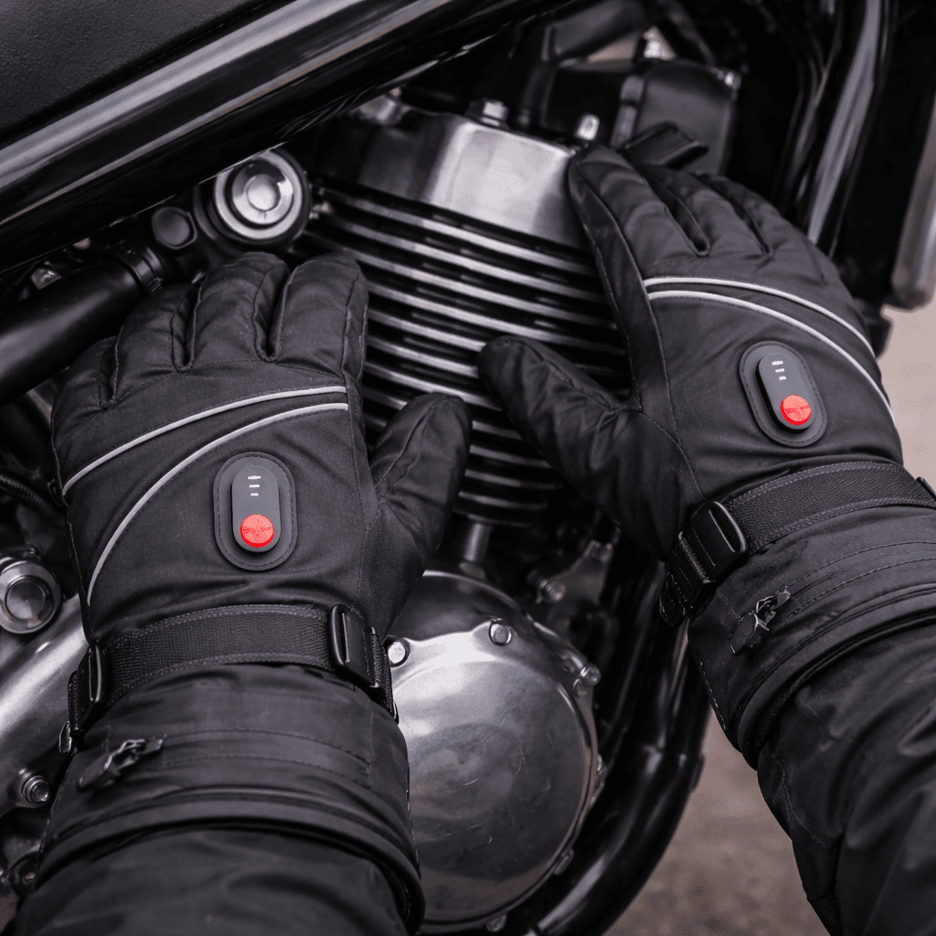 Pair of heated gloves showing the windproof outer shell