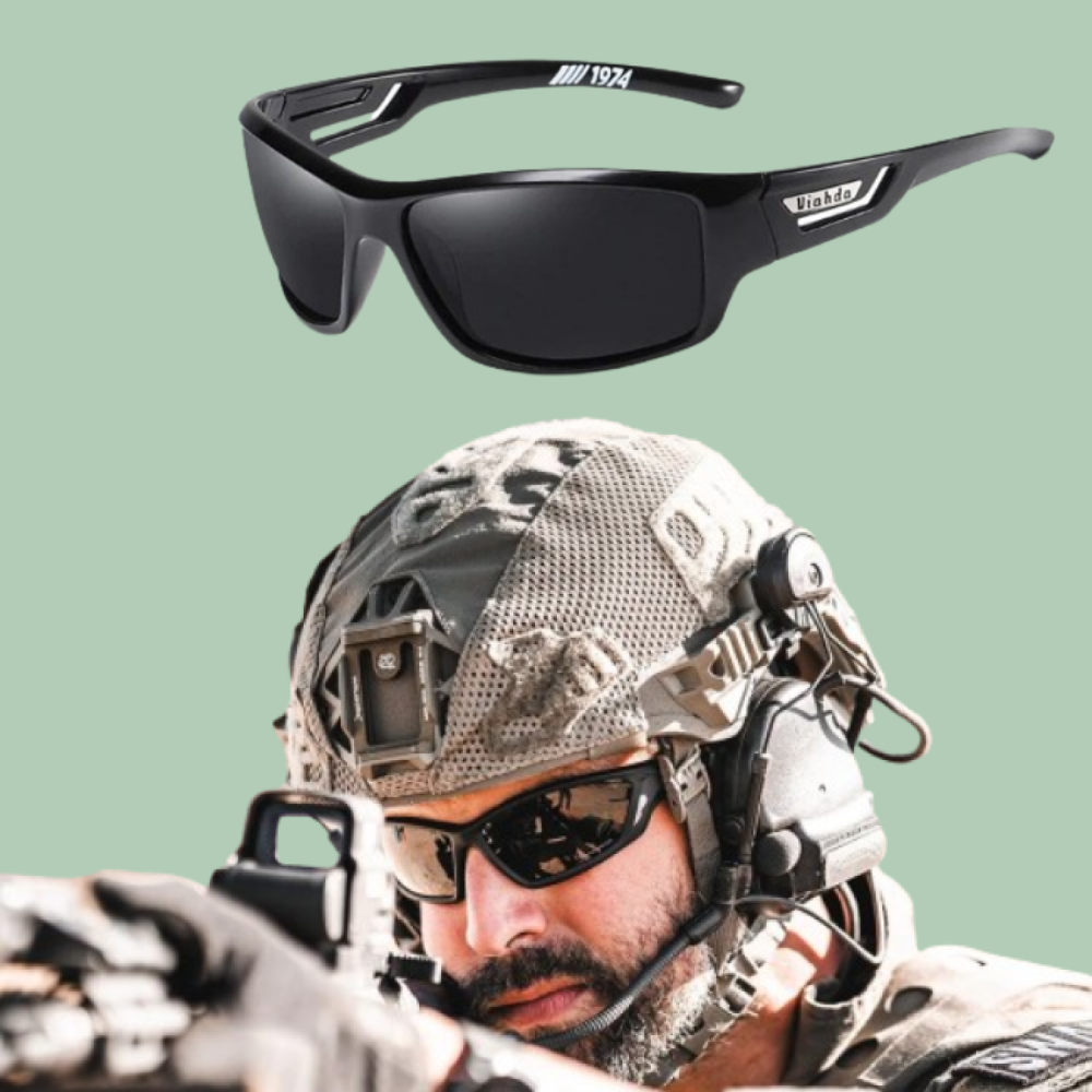 Front view of black frame polarized sunglasses with photochromic lenses on a white background.