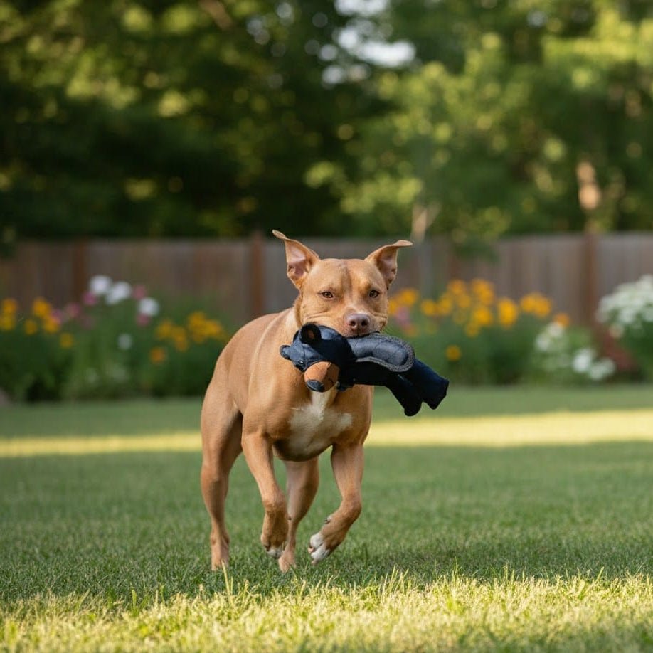 Dog playing fetch with the plush bear toy